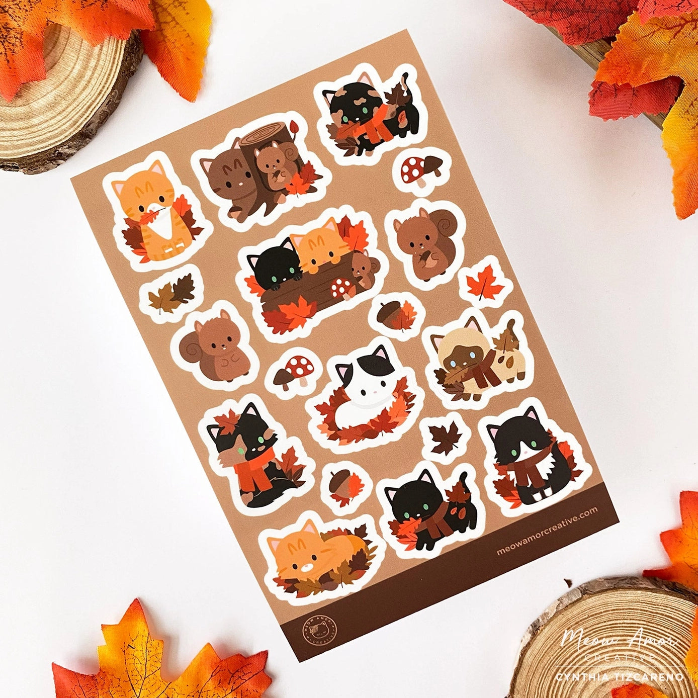 Autumn Cats Vinyl Sticker Sheet - Waterproof Decorative Stickers for Laptops, Journals & DIY Crafts - Fall Themed Cat Stickers for Scrapbooking, Planners & Home Decor