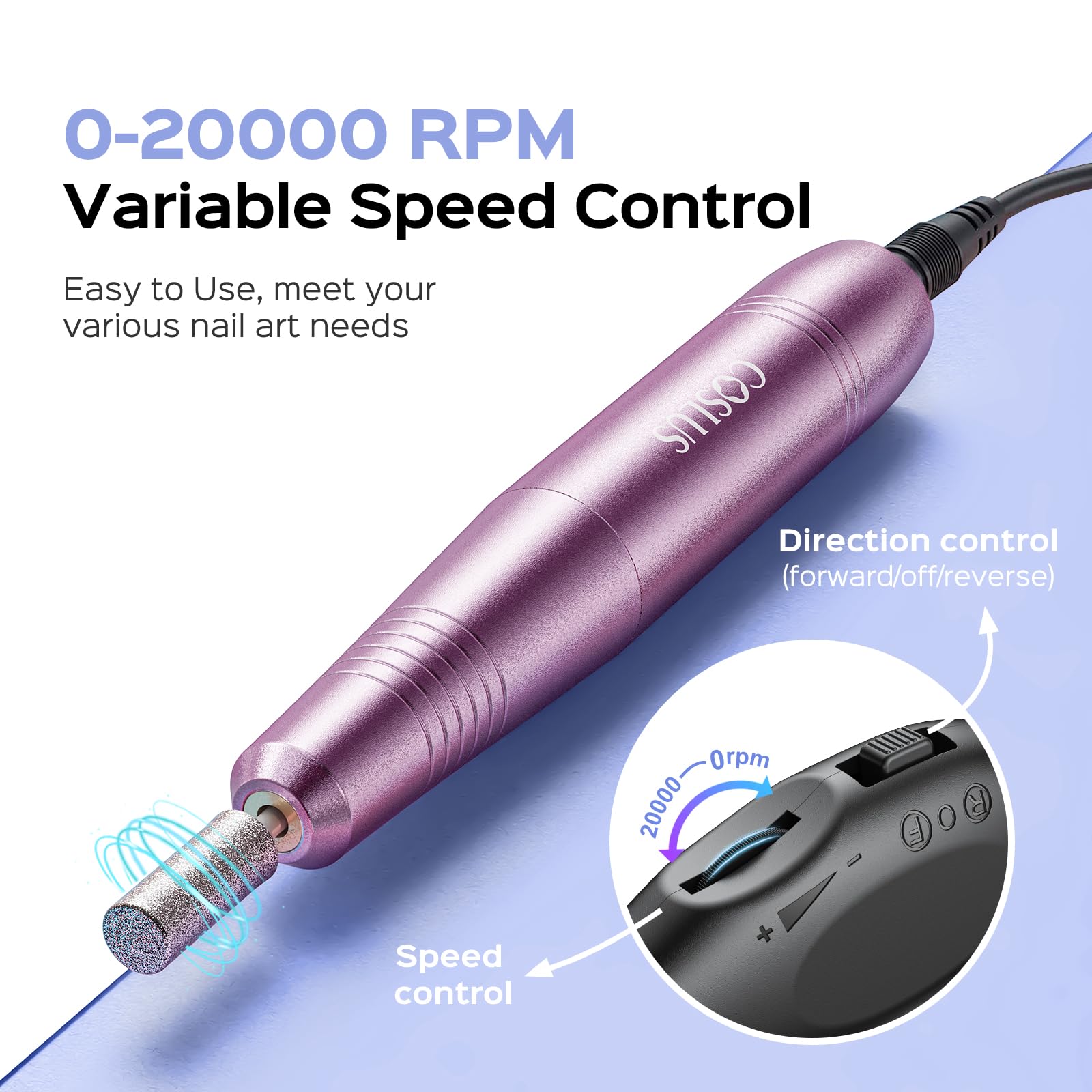 Professional Electric Nail Drill File Kit - COSLUS Portable Manicure Pedicure Machine for Acrylic, Gel & Dip Powder Nails | Includes Sanding Bands & Drill Bits | Cuticle & Dead Skin Care | Perfect for Salon & Home Nail Care (Purple)