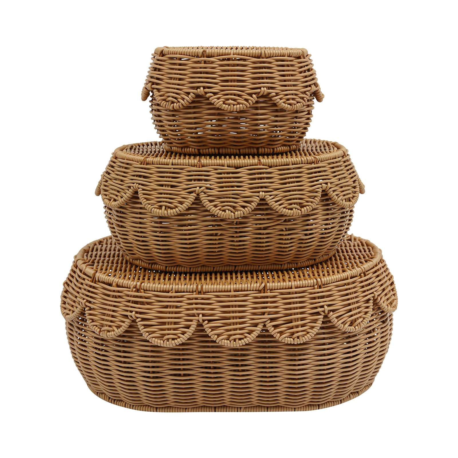 3-Piece Handwoven Rattan Storage Basket Set with Lids - Scalloped Edge Wicker Baskets (4.33