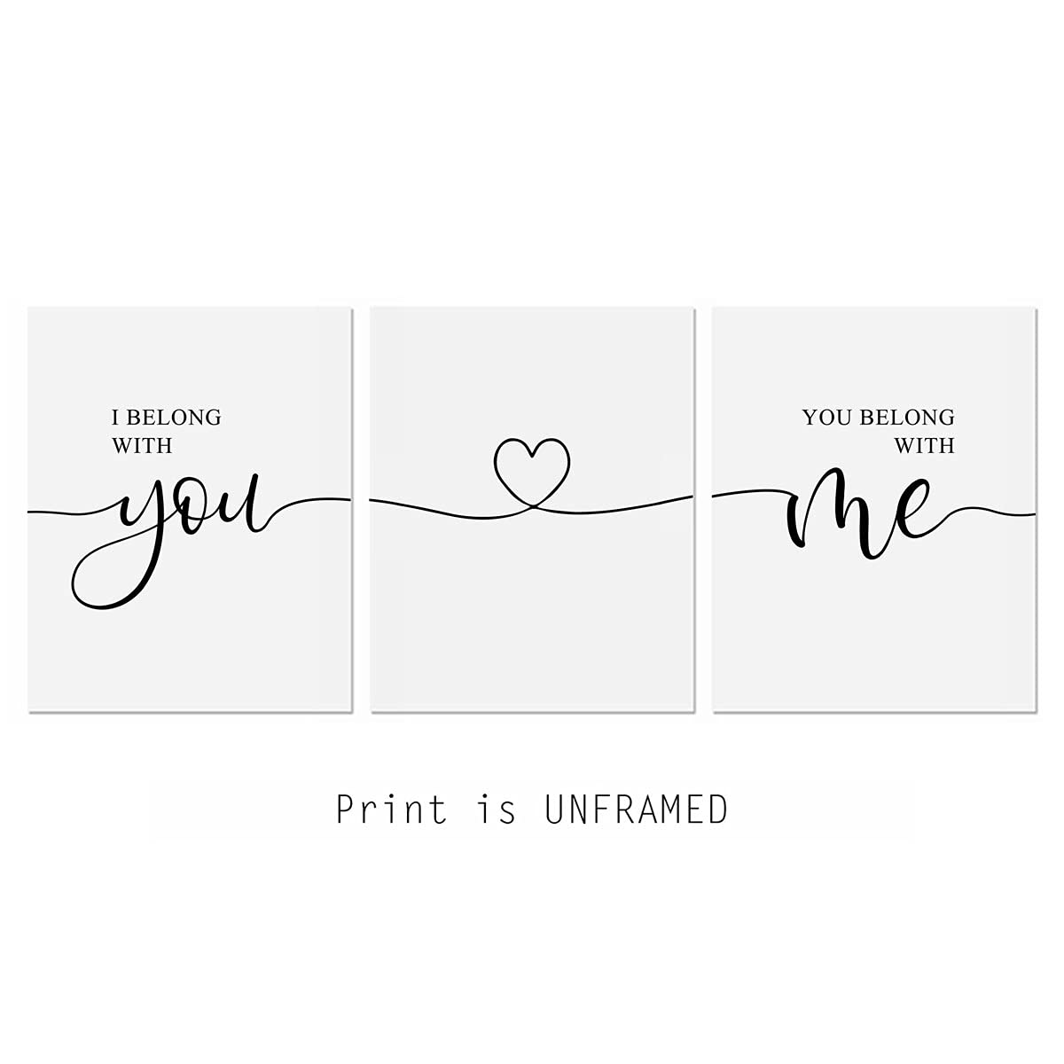 Set of 3 'I Belong With You You Belong With Me' Romantic Quote Prints - 11x14 Inch UNFRAMED Bedroom Wall Art, Couples Home Decor for Bedroom, Living Room & Wedding Gift