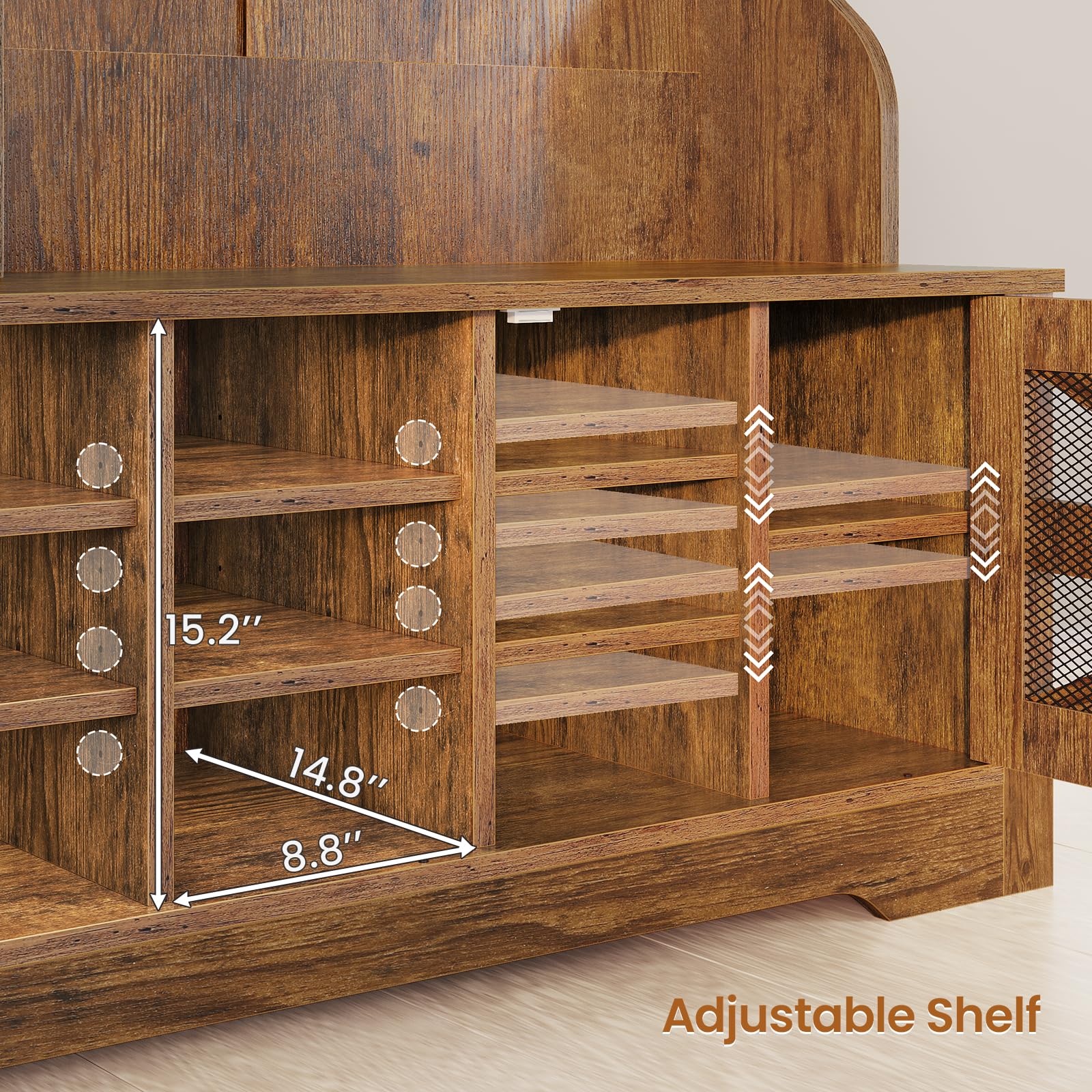 Itaar 5-in-1 Hall Tree with Bench, Shoe Storage & Coat Rack - 16 Shoe Cubbies, 12 Coat Hooks, Barn Door & Adjustable Shelf - Rustic Brown Entryway Organizer for Mudroom, Foyer or Home Decor