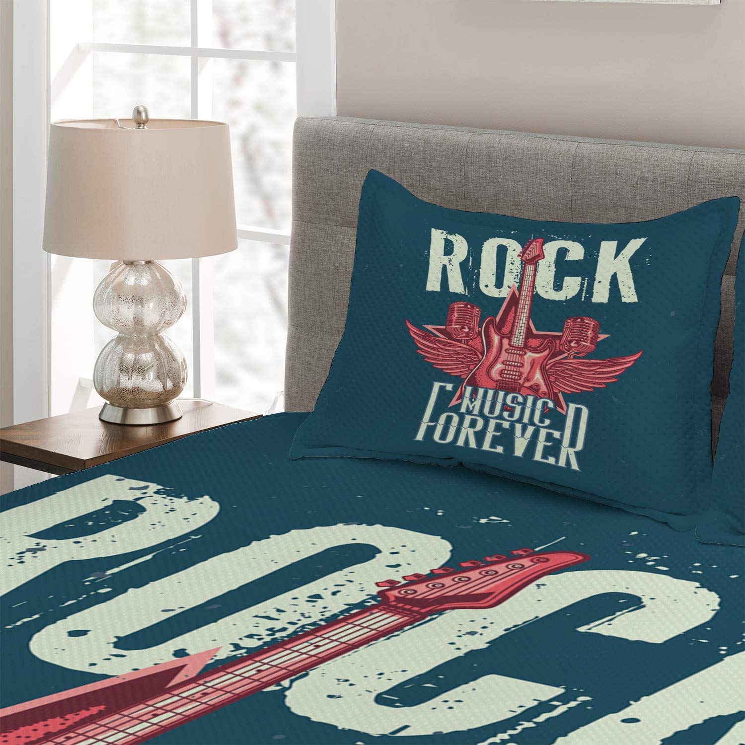 Ambesonne Rock and Roll King Size 3-Piece Quilted Bedspread Set with 2 Pillow Shams - Guitar & Microphone Wing Design in Dark Teal, Pastel Green & Coral - Perfect for Music Lovers' Bedroom Decor & Rock Theme Parties