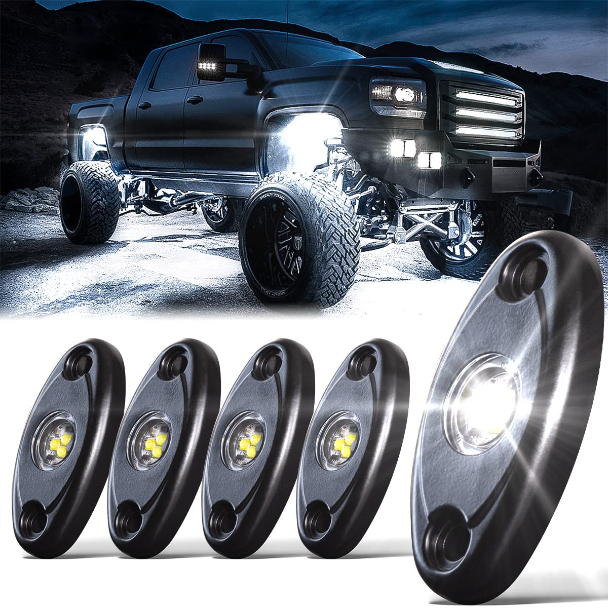 LEDMIRCY 4PCS White LED Rock Lights - High Power Underglow Neon Lights for Jeep, Off-Road Trucks, RZR, Boat, ATV, UTV & SUV | Waterproof & Shockproof Underbody Trail Rig Lights | Perfect for Night Off-Roading, Car Shows & Outdoor Adventures