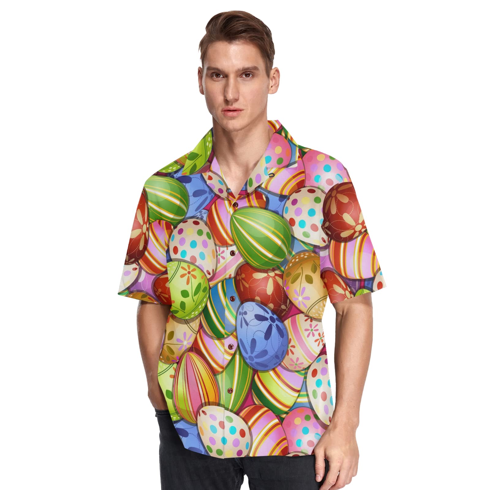 Fisyme Men's Hawaiian Shirt - Easter Eggs Print Loose Fit Short Sleeve Button Down Beach Shirt for Summer Vacation, Luau Party & Casual Wear