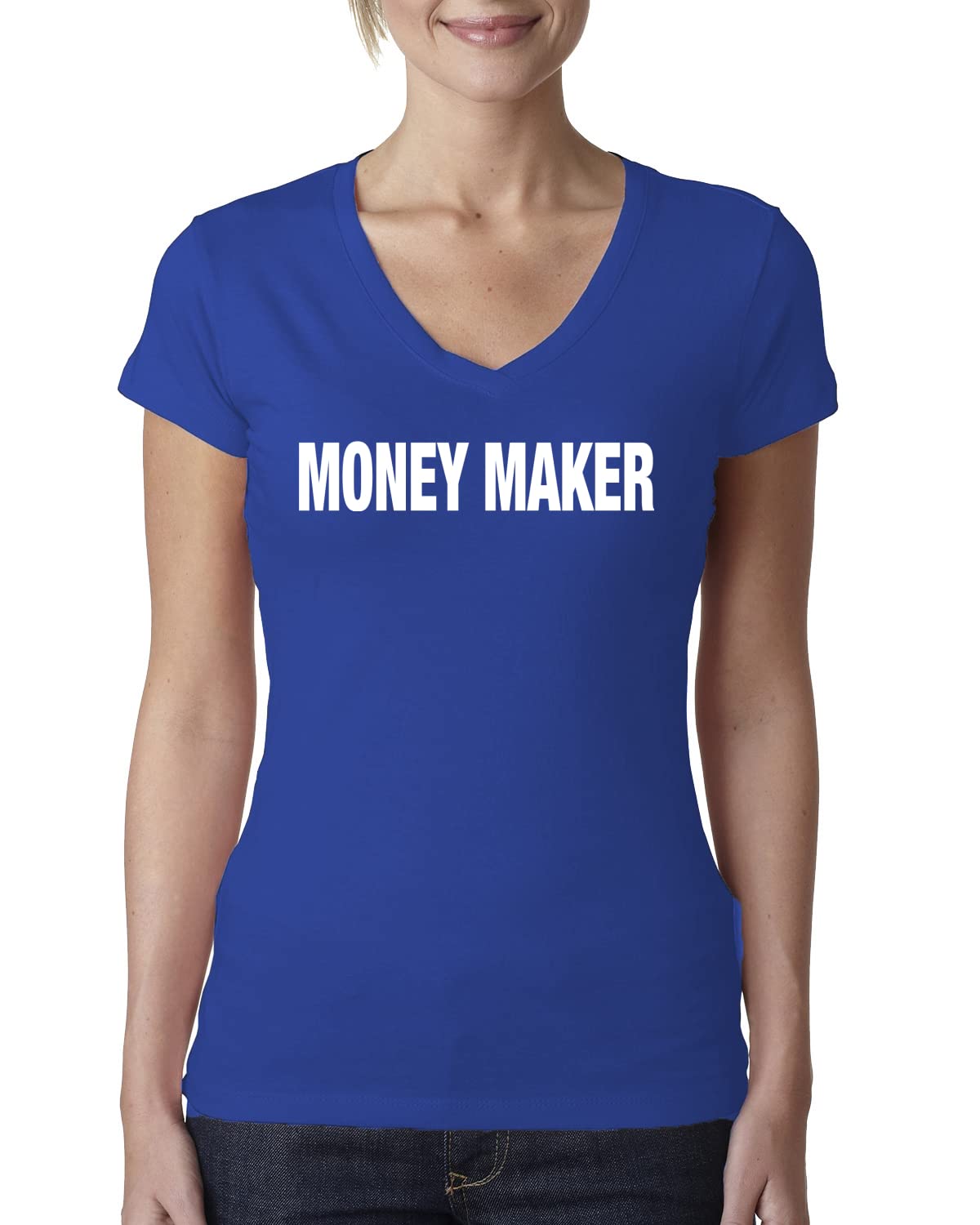Wild Bobby Money Maker Dollar Cents Work Life Support Humor Women's Junior Fit V-Neck T-Shirt | Funny Office & Casual Wear | Gift for Working Women