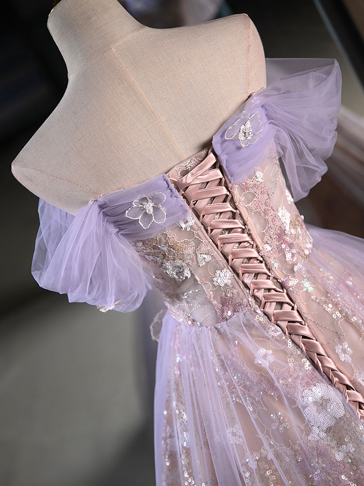 Elegant Off-Shoulder A-Line Tulle Lace Short Prom Dress in Purple - Perfect for Homecoming, Party & Special Occasions