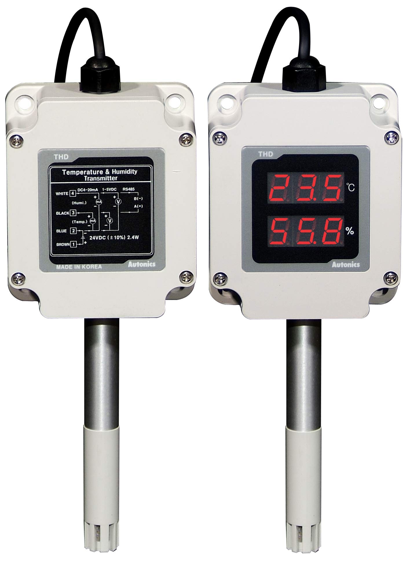 THD-WD1-C Wall Mount Temperature Humidity Sensor with 100mm Sensing Pole, 3-Digit Display, 4-20mA Output, 24VDC Power - Ideal for HVAC, Greenhouses & Industrial Monitoring