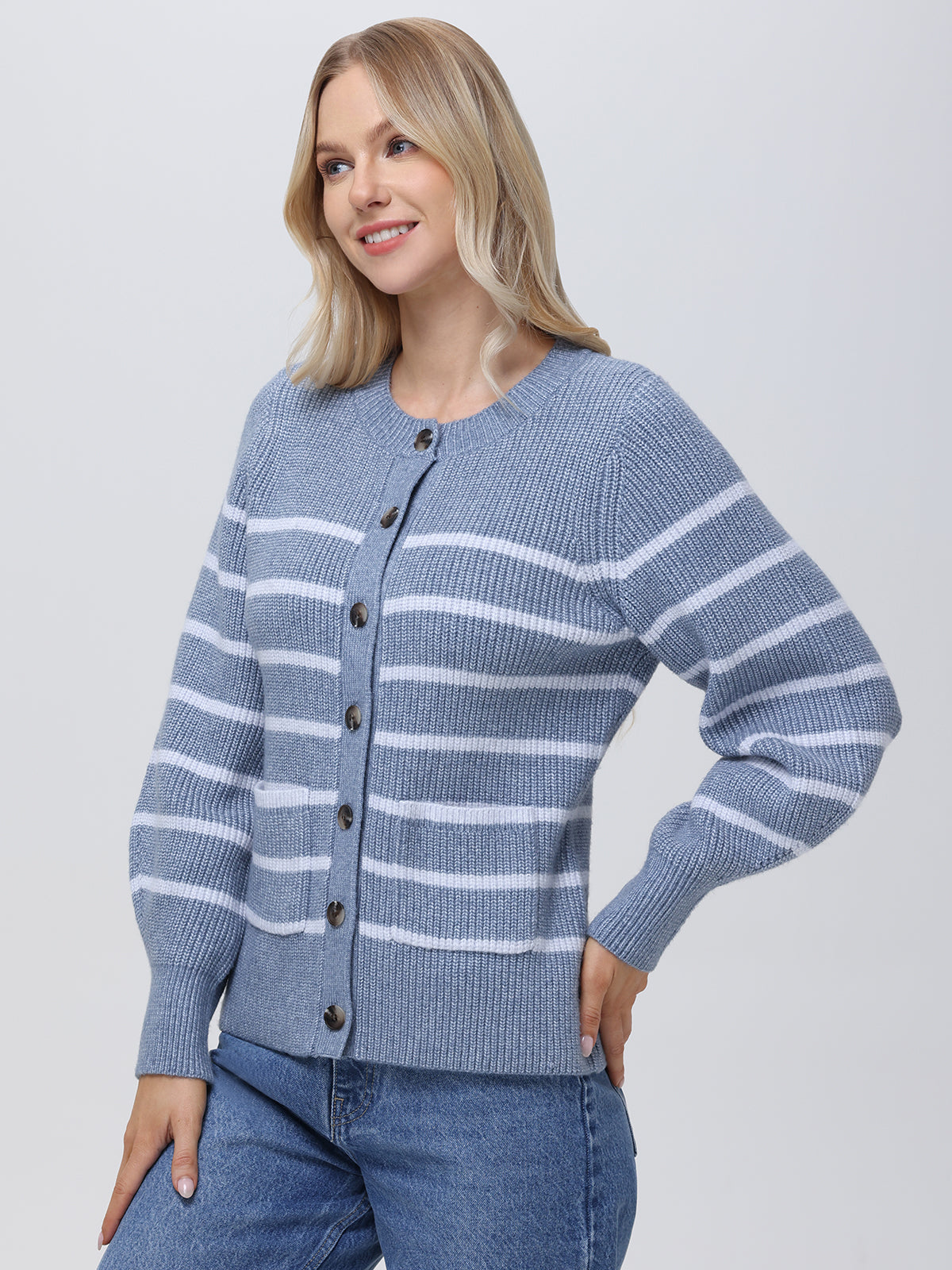 Josie Women's Crewneck Stripe Cardigan Sweater | Soft Knit Long Sleeve Open Front Wrap | Casual Fall Winter Fashion | Perfect for Office, Date Night & Coffee Dates