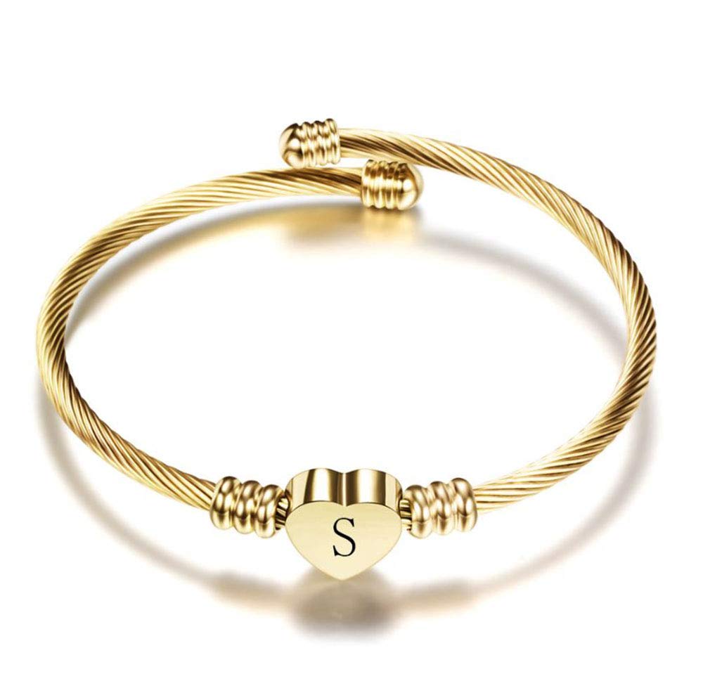 Personalized Gold Initial Letter Cuff Bracelet A-Z | Heart Bangle Bracelet for Women | Expandable Stainless Steel Jewelry | Perfect for Gifts, Anniversaries & Everyday Wear
