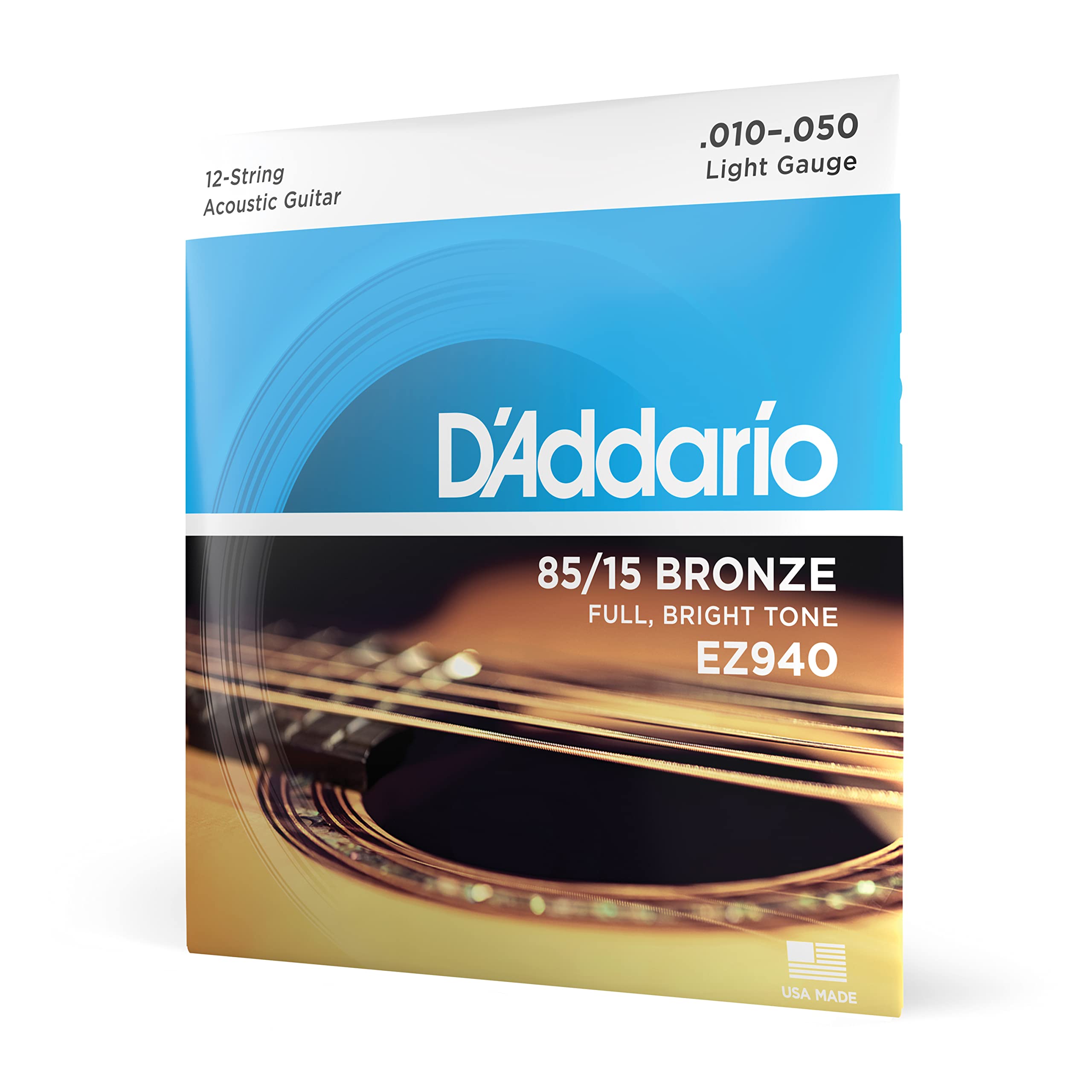 D'Addario American Bronze Light Acoustic Guitar Strings (.010-050 Gauge) - 12 Pack (EZ940) for Folk, Country & Fingerstyle Playing