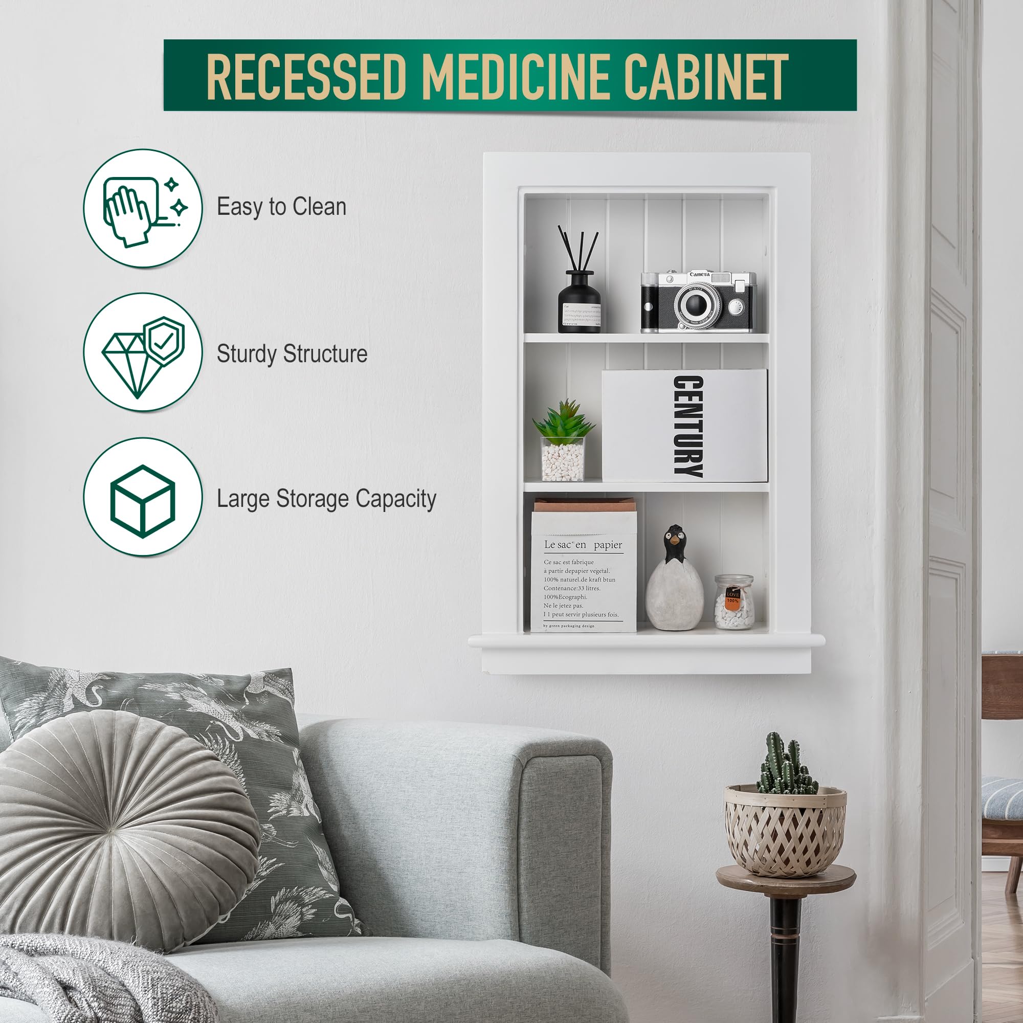 14 x 24 Inch Recessed Medicine Cabinet for Bathroom - 3-Tier Wall Niche Between Studs, White Drywall Shelving - Perfect for Small Bathrooms, Vanities & Space-Saving Storage