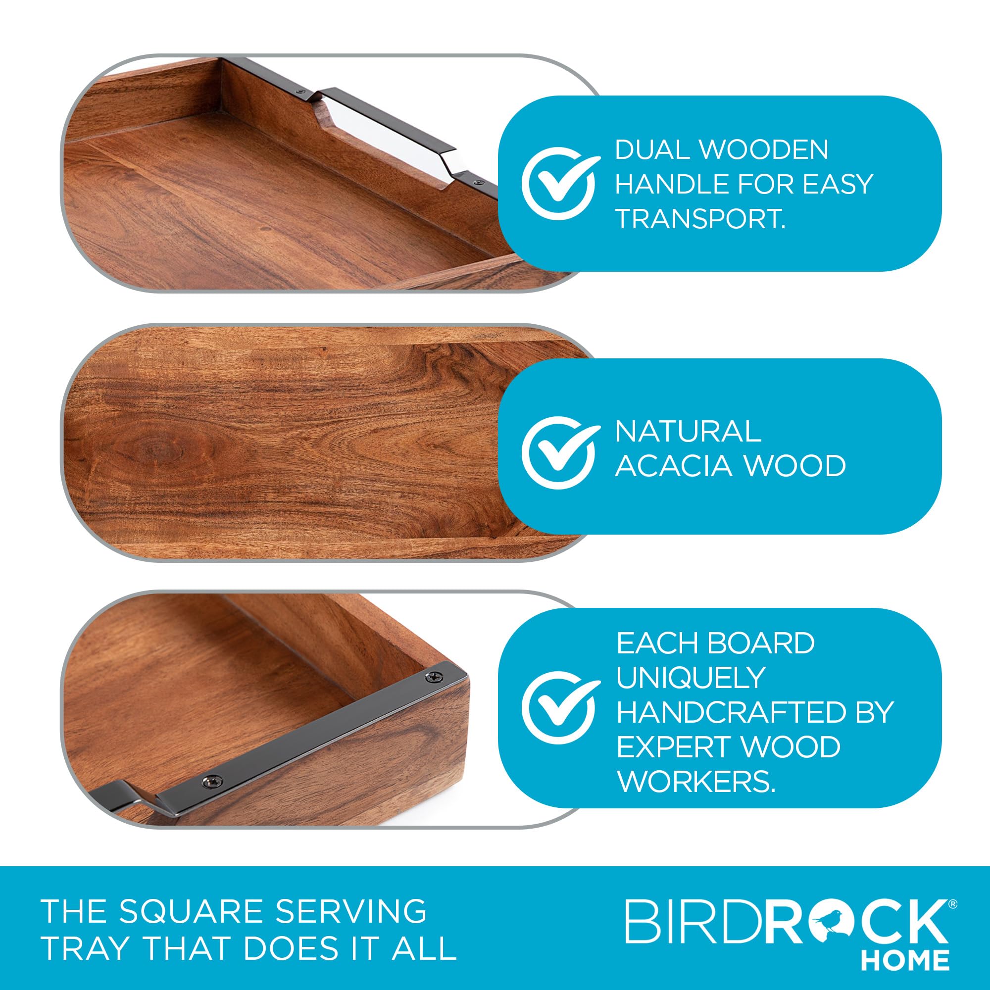 BIRDROCK HOME Acacia Wood Serving Tray with Handles - Farmhouse Style Square Wooden Tray for Breakfast, Tea, Cheese & Coffee - Natural Kitchen & Bar Decor - Perfect for Dining, Entertaining & Home Decor
