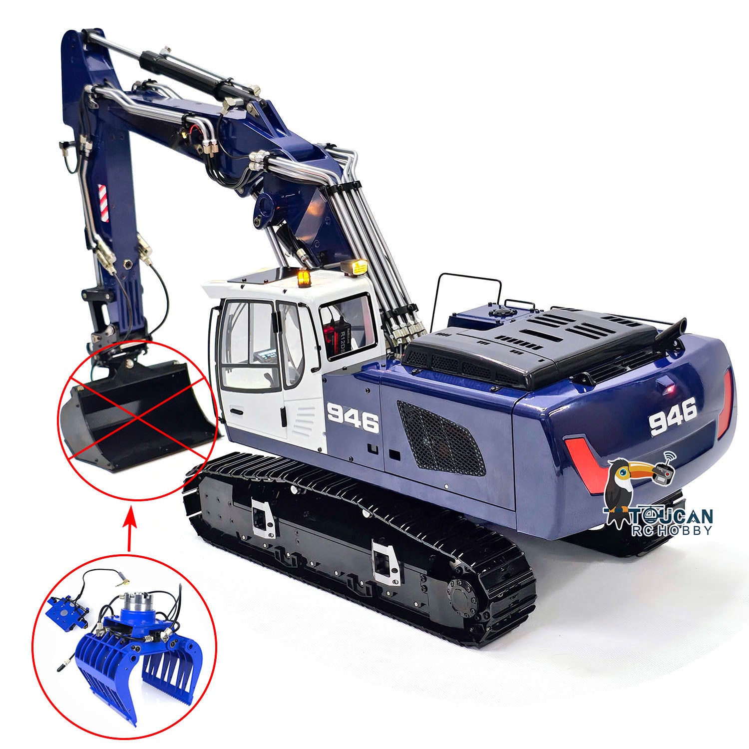 1/14 Scale 946 3-Arm RC Hydraulic Excavator Toy - Metal Remote Control Construction Digger with Tiltable Bucket, Ripper & Clamshell Grabber | Realistic Construction Play for Kids & Adults