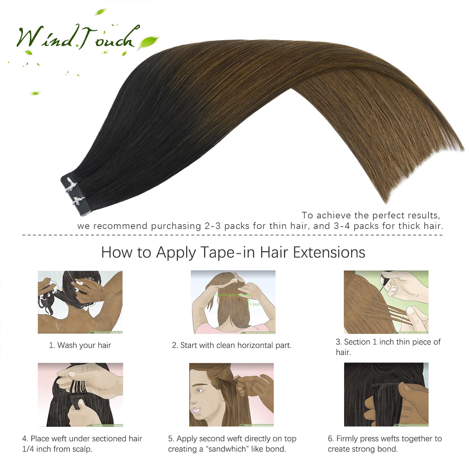 WindTouch Tape in Human Hair Extensions 16 Inch - Balayage Ombre Black to Chocolate Brown, 50g 20pcs, Remy Hair, Glue-Free, Thick Full Ends for Natural Look | Perfect for Daily Wear, Parties, Weddings & Special Occasions