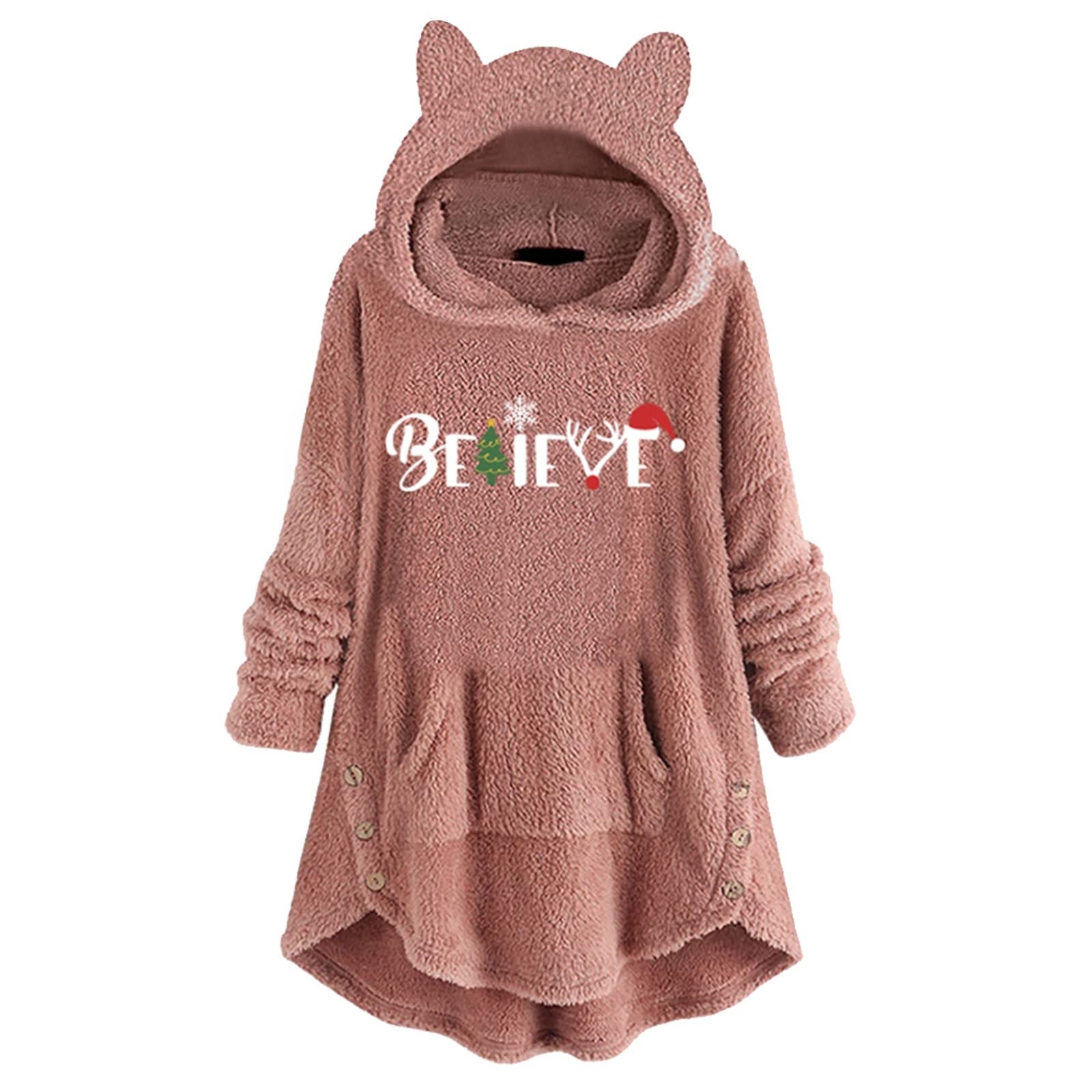 Women's Cute Fleece Pullover Hoodie with Cat Print, Long Sleeves, Pockets & Button Ear Hood - Cozy Winter Wear for Casual Outings & Cat Lovers