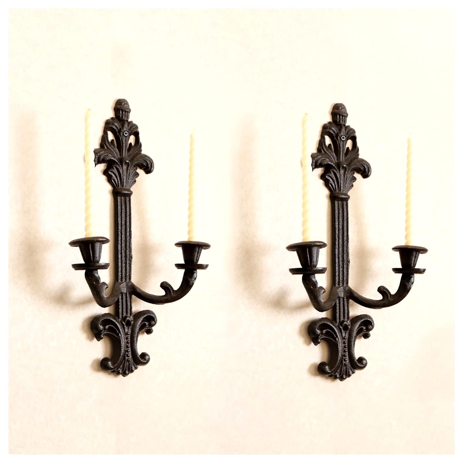Vintage Cast Iron Wall Mounted Candle Holder Set of 2 - Rustic Metal Sconces for Home Decor, Living Room, Fireplace, Wedding & Outdoor Pathway Lighting - Perfect for Cozy Ambiance & Special Events