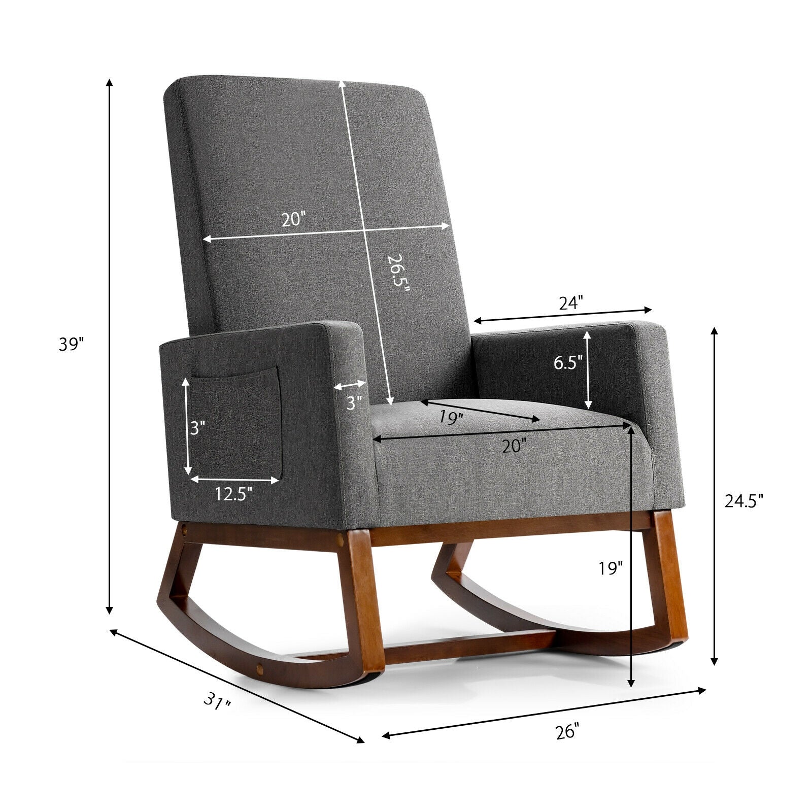 Gray High Back Upholstered Rocking Lounge Chair with Side Pocket - Perfect for Living Room, Nursery, or Reading Nook Comfort