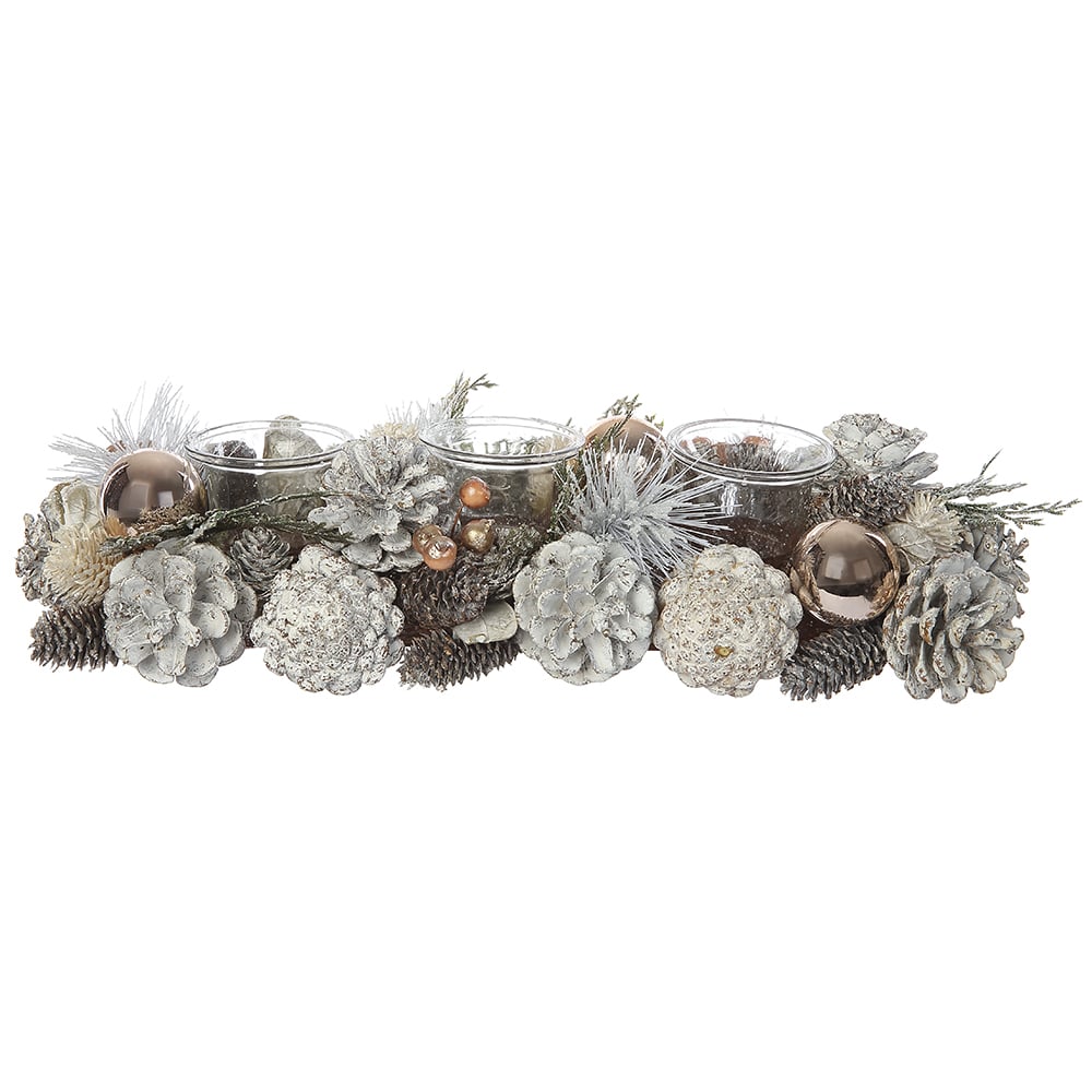 15.7W x 3.7H Artificial Pine, Pinecone & Ornament Ball Candle Ring Holder with Glass - Brown/Gold (Pack of 6) - Perfect for Christmas Decor, Table Centerpieces & Holiday Home Decorations