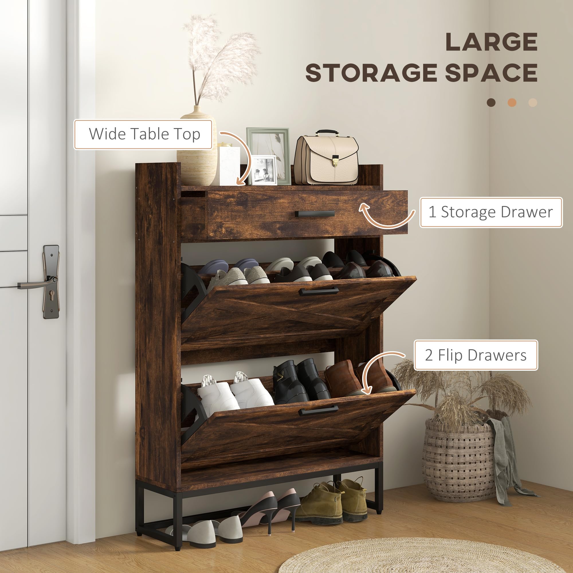 HOMCOM 12-Pair Narrow Shoe Storage Cabinet with Adjustable Shelves & 2 Flip Drawers - Farmhouse Style Entryway Shoe Organizer for Hallway, Closet, or Mudroom - Rustic Brown Wooden Shoe Rack for Small Spaces