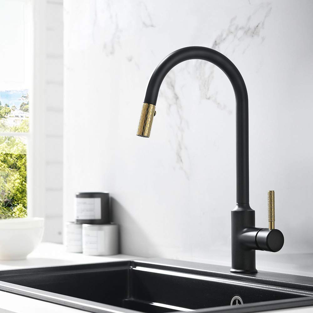 Modern Black Single Lever Kitchen Faucet with 360° Swivel & Pull-Out Sprayer - Dual Function Monobloc Sink Mixer Tap with Plated Finish for Easy Dishwashing and Food Prep