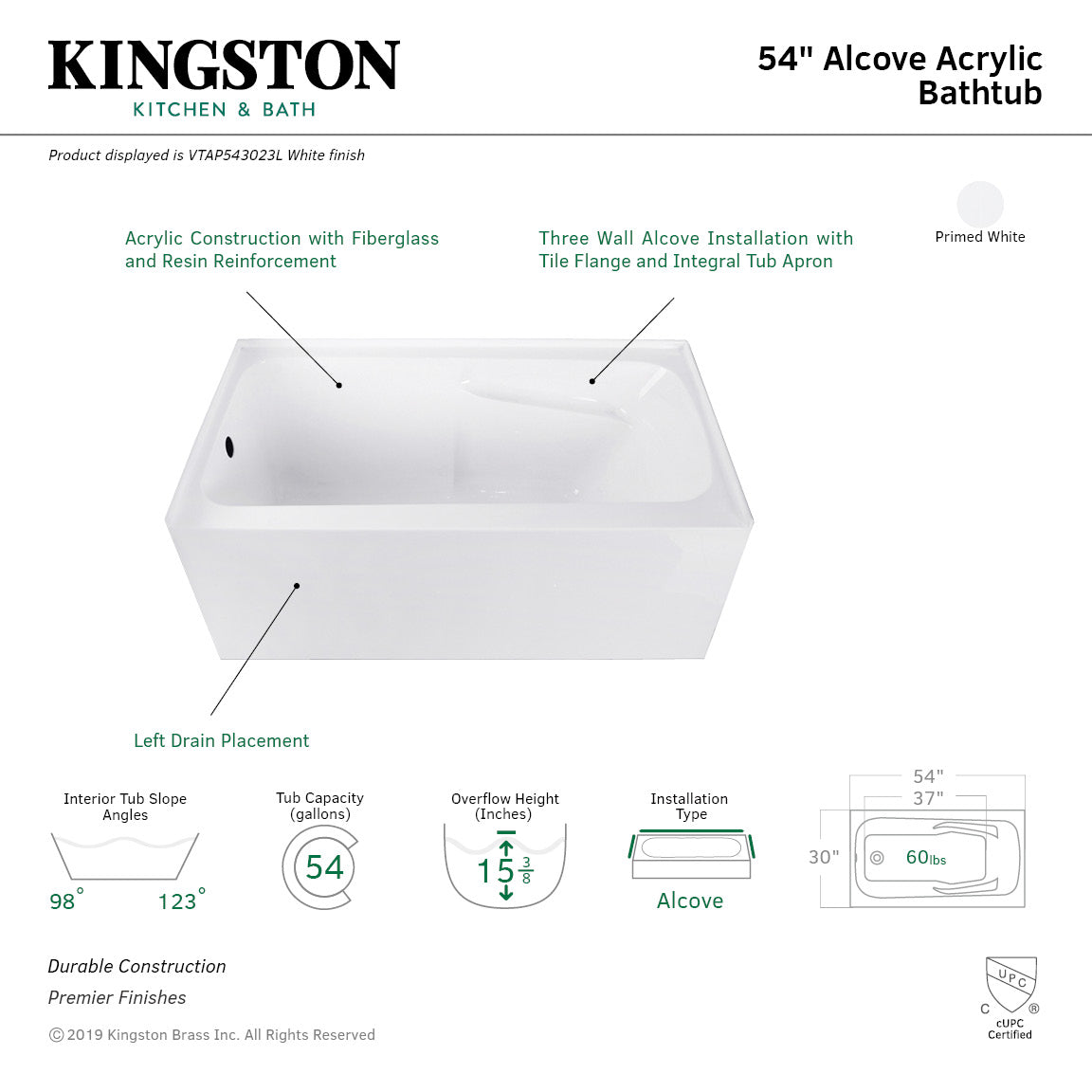 Aqua Eden VTAP543023L 54-Inch Acrylic Rectangular 3-Wall Alcove Bathtub with Armrest & Left Drain - Glossy White - Perfect for Small Bathrooms & Spa-Like Relaxation