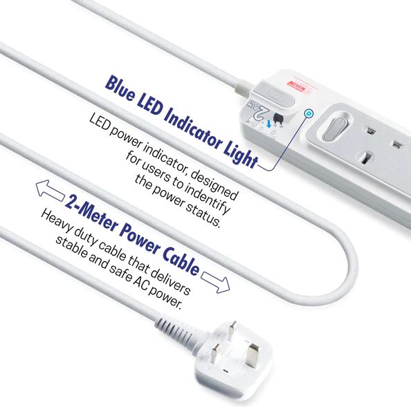 Daiyo DE363 2M 3-Way Master Switch Power Strip with Surge Protection - Ideal for Home Office, Gaming Setup & Electronics Organization