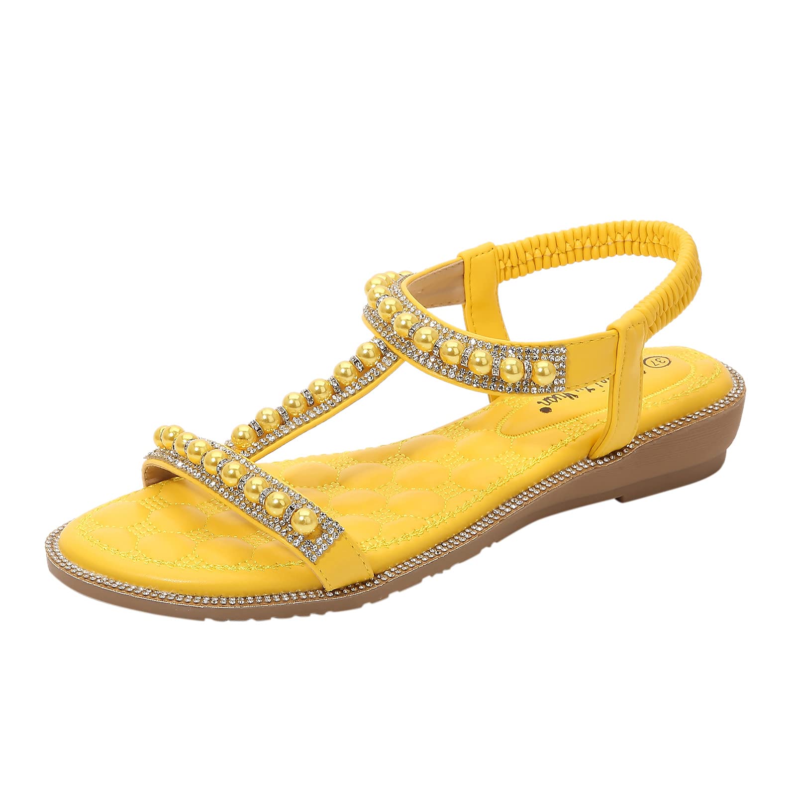 Women's Comfortable Flat Sandals - Casual Slip On Roman Strap Crystal Slippers with Studded Elastic Design | Perfect for Beach, Vacation, and Summer Outfits