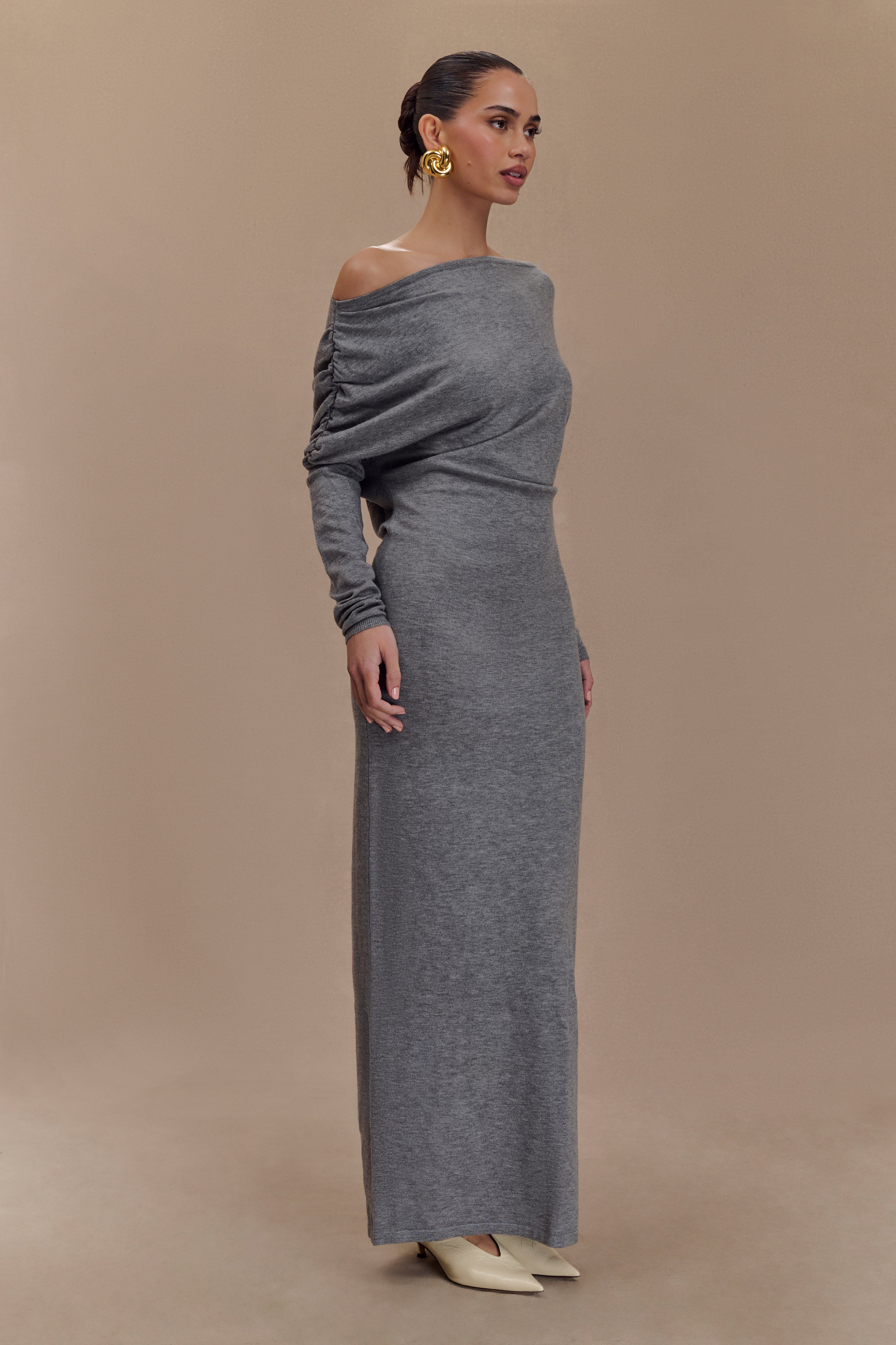 Jessie Cowl Neck Knit Midi Dress in Charcoal Marle - Elegant Fall/Winter Office Wear & Date Night Outfit