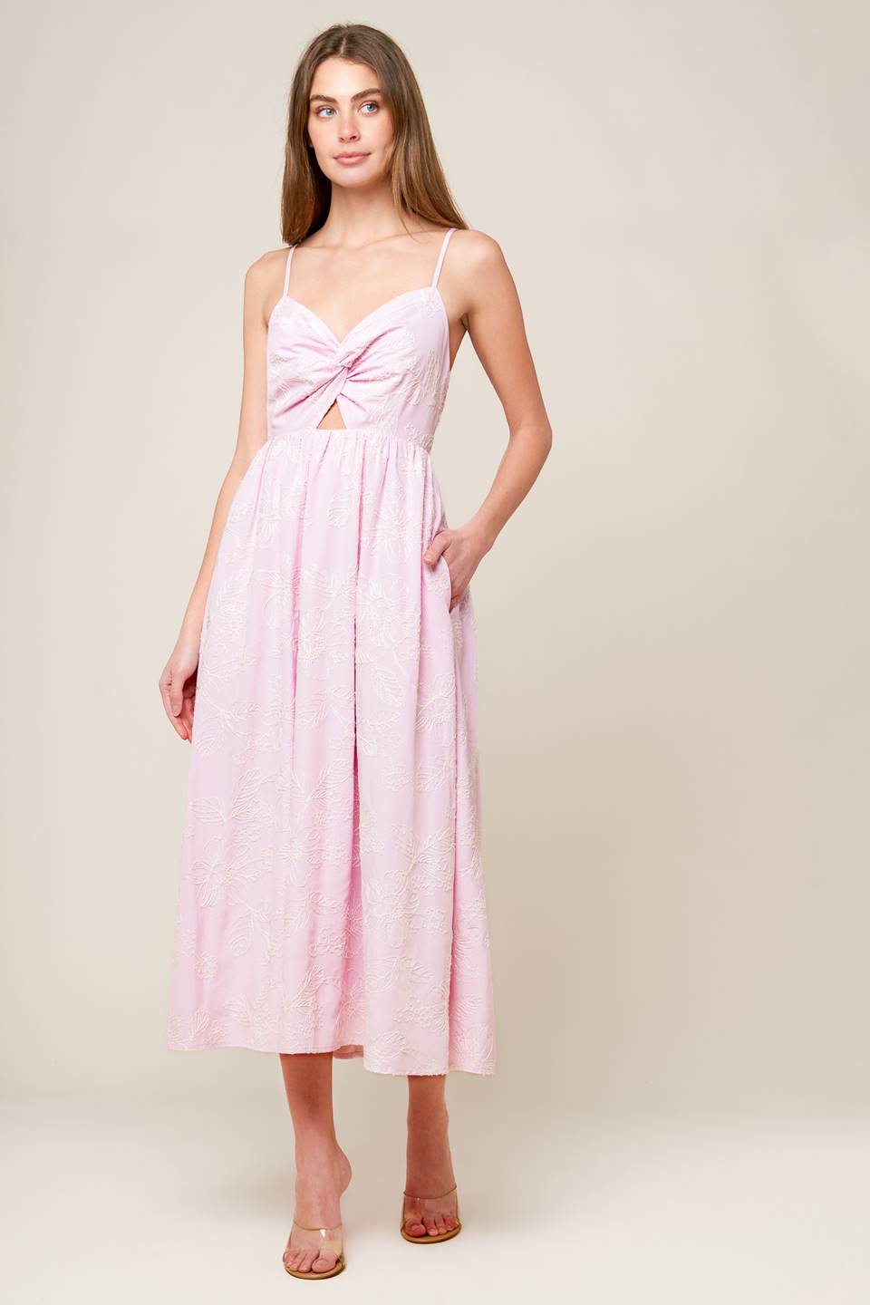 ALONG THE SHORE Pink Twist Front Midi Dress - Flowy Summer Beach Dress for Women, Perfect for Vacations, Dates & Outdoor Parties