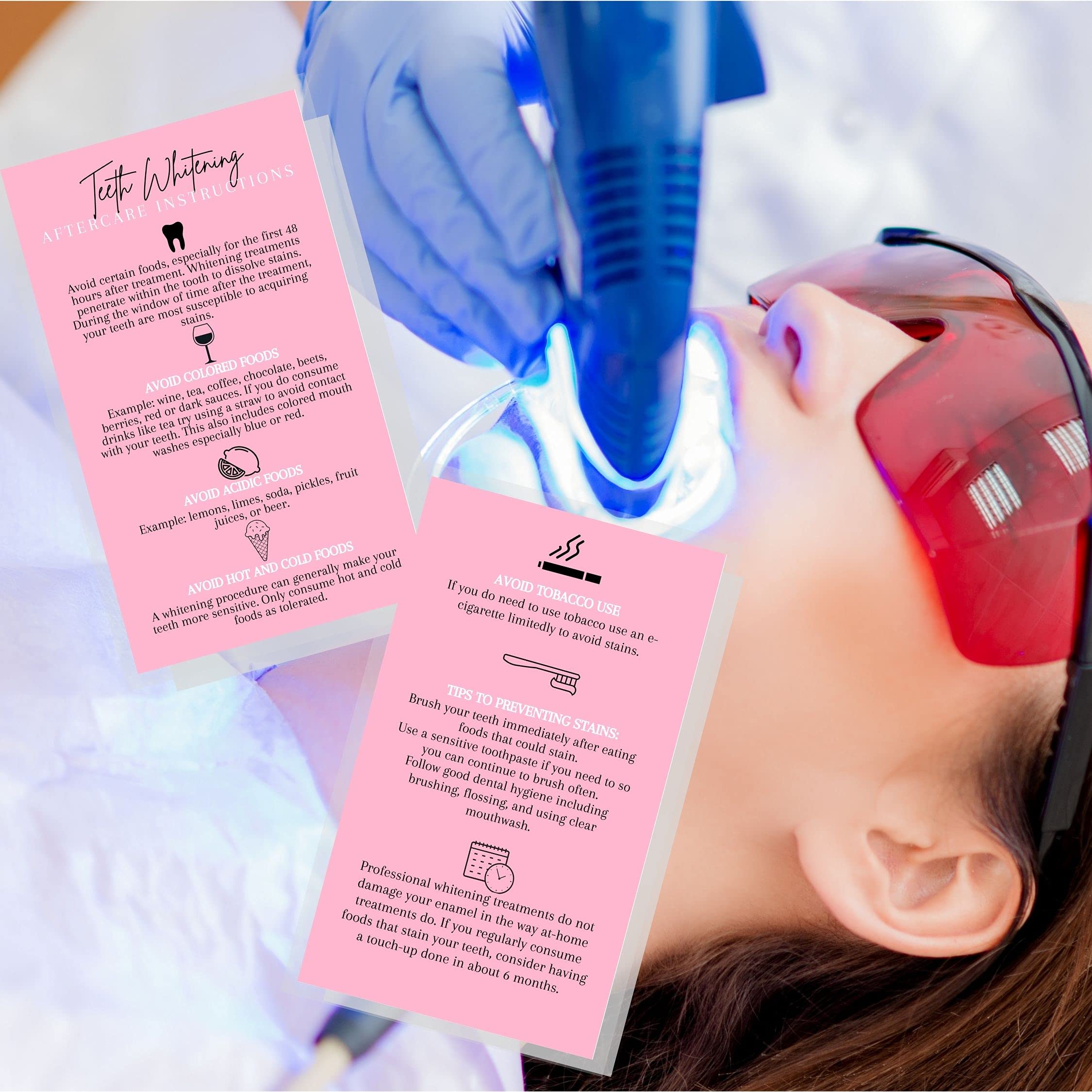 Premium Teeth Whitening Aftercare Instruction Cards - 50 Pack | 2x3.5 Inch Business Card Size | Pink Wallet-Friendly Design | Perfect for Dental Clinics, Salons & Home Whitening Kits