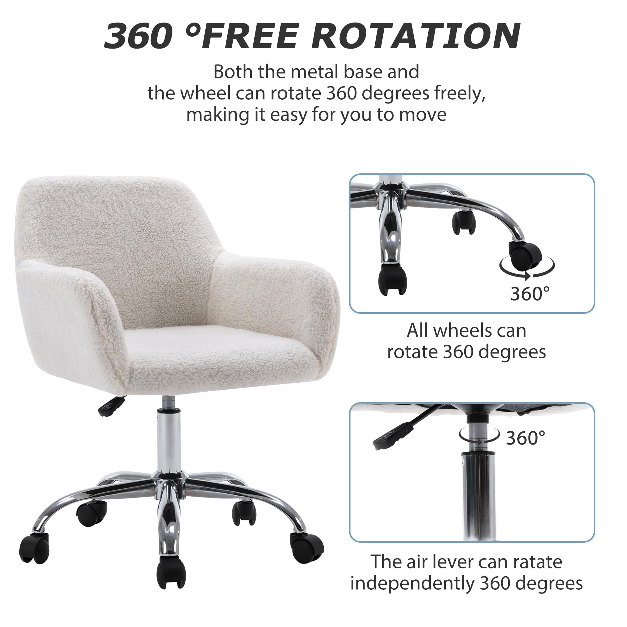 KCC Faux Fur Vanity Makeup Desk Chair - Fluffy Swivel Office Chair with Wheels, Adjustable Height Upholstered Armchair for Women Girls, Elegant Home Office & Bedroom Decor (Pink, White)