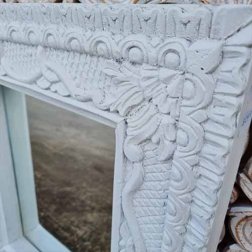 Hand Carved Indian Solid Wood Wall Mirror with Floral Pattern - White Wash Finish - 22x26 Inches - Boho Home Decor for Living Room, Bedroom & Entryway