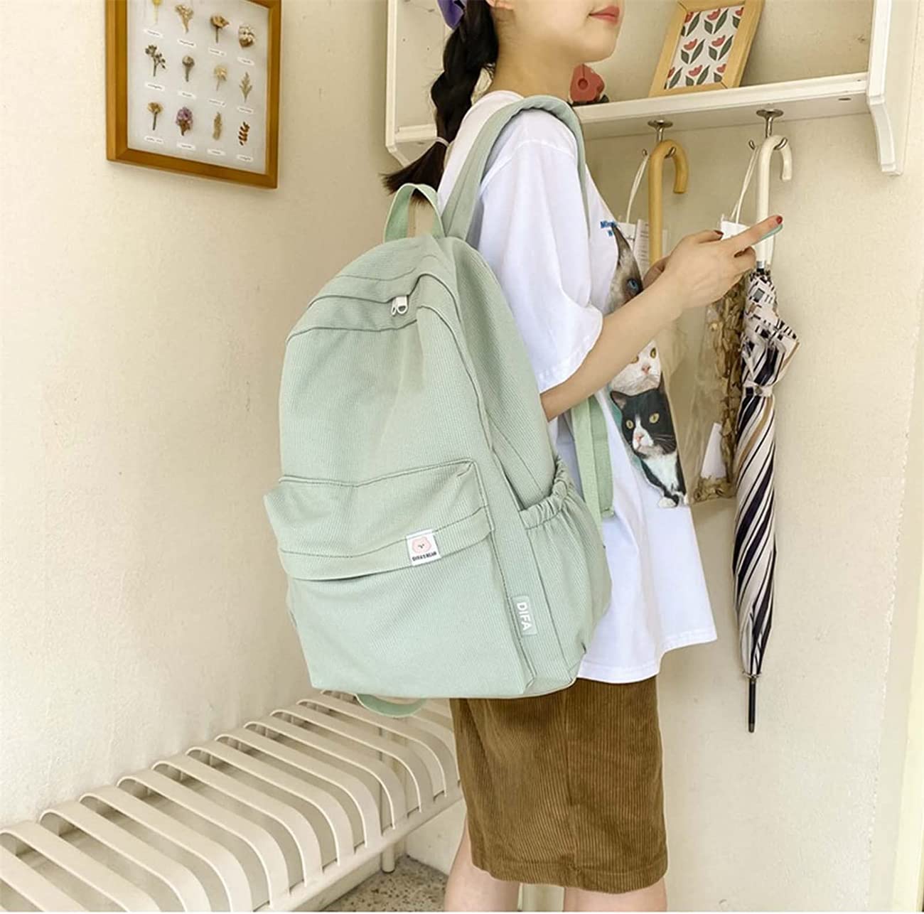 Difa Bear Backpack - Kawaii Cute Aesthetic Sage Green Rucksack with Large Capacity for School, Travel & Daily Use (White)