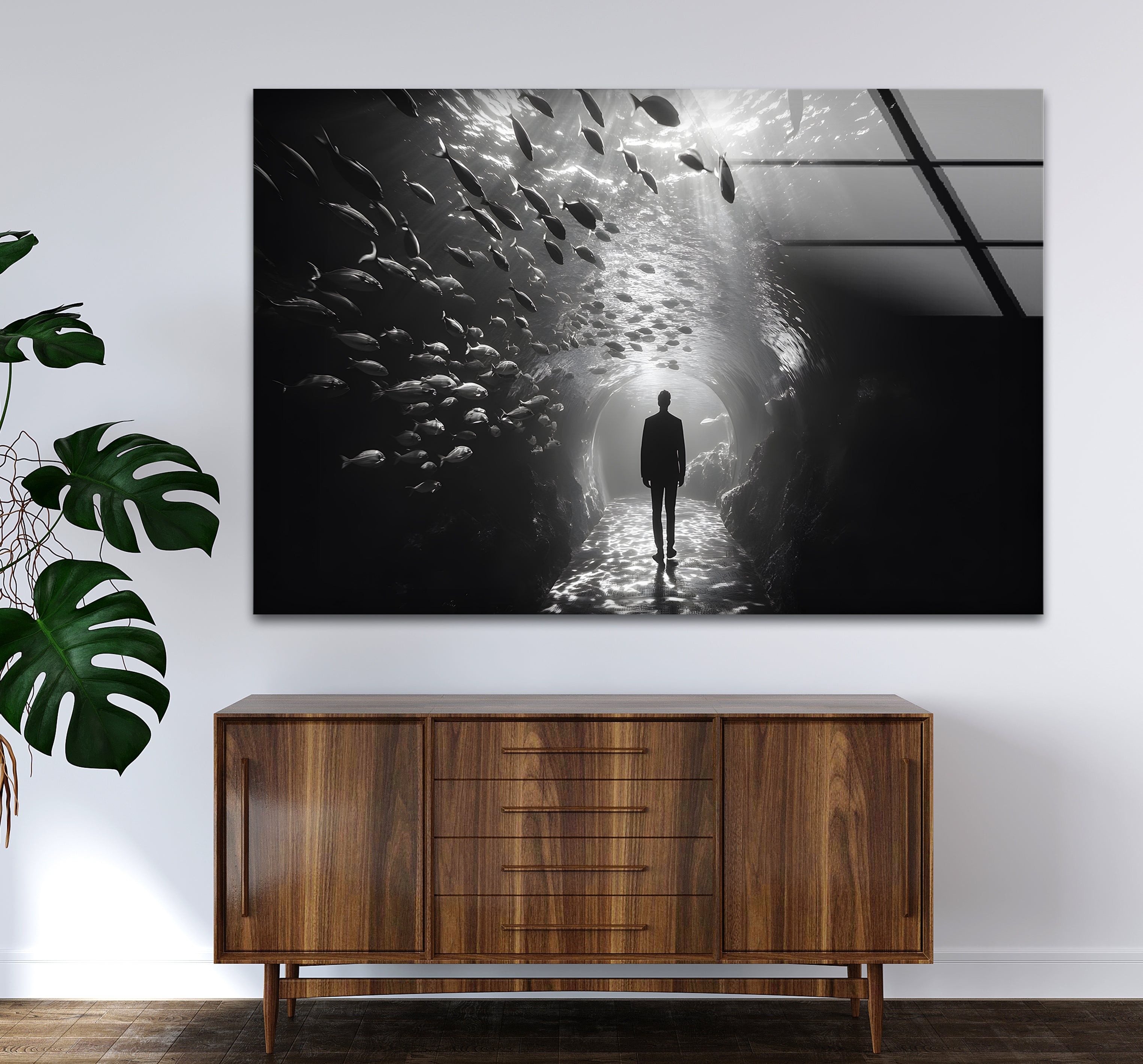 Black and White Aquarium Glass Wall Art - Modern Underwater Theme Decor for Living Room, Office & Bedroom