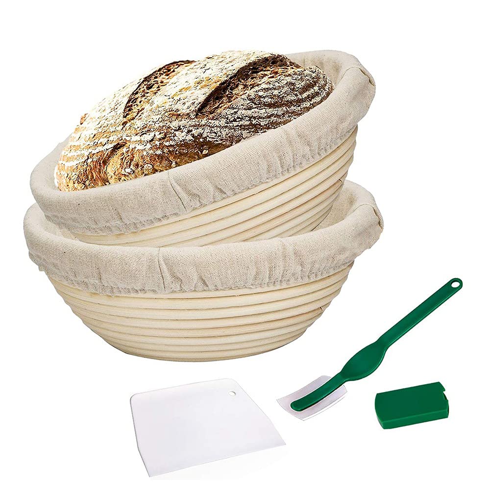 Meltset 2-Pack Round Natural Rattan Bread Proofing Baskets (7.1 Inch) with Bread Lame, Dough Scraper & Linen Liner - Professional & Home Baking Supplies for Sourdough, Artisan Bread Making