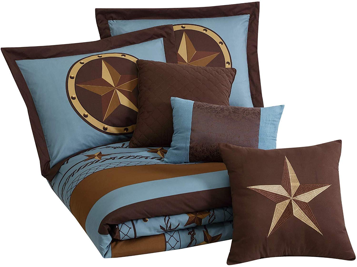 Chezmoi Collection Tulsa Queen Size 7-Piece Bedding Set - Turquoise & Brown Western Cowboy Comforter with Texas Star & Barbed Wire Design - Perfect for Ranch, Cabin, or Southwestern Style Bedrooms