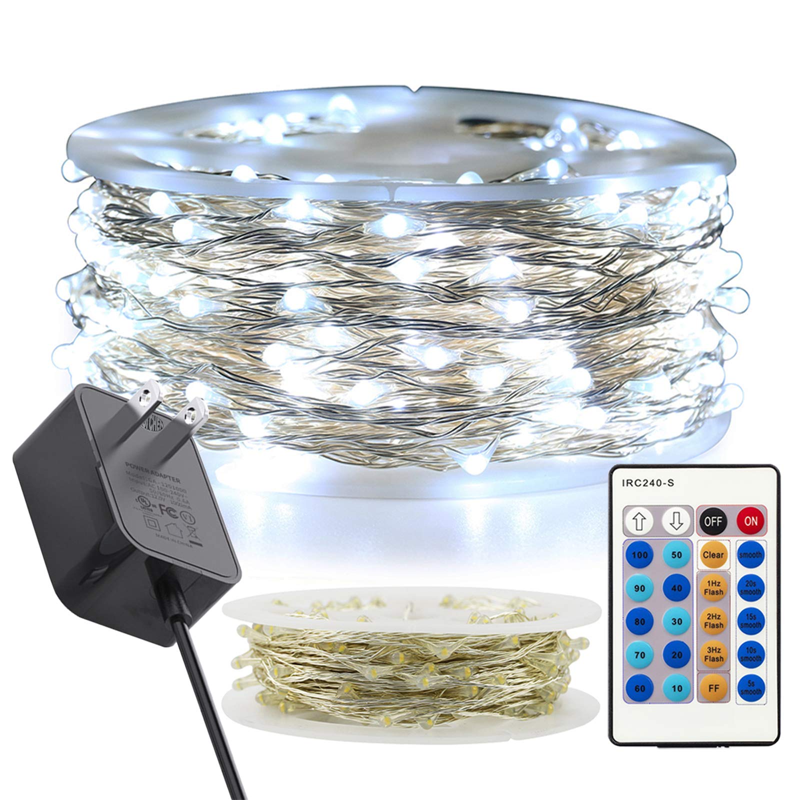 RUICHEN 99 Ft 300 LED Cool White Dimmable Fairy String Lights with Remote - Waterproof Silver Wire Twinkle Lights for Bedroom, Patio, Yard | Perfect for Christmas Decorations, Wedding Lighting & Party Ambience