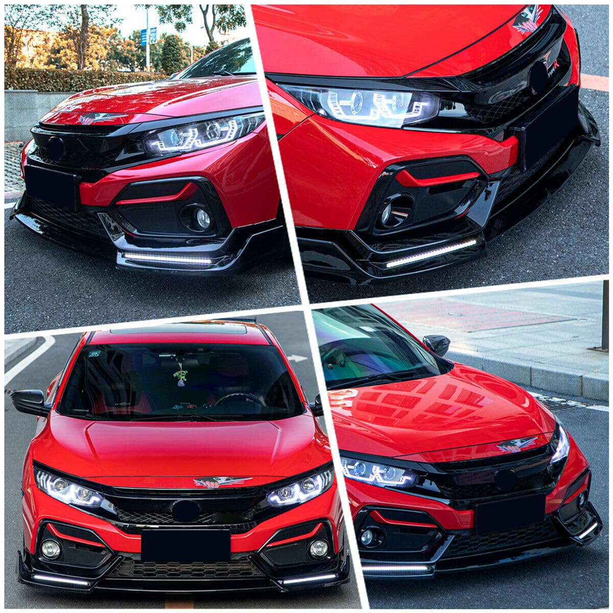 Glossy Black Front Bumper Lip with LED Daytime Running Lights - Compatible with 2016-2021 Honda Civic Hatchback & Si | Air Dam Spoiler Splitter for Enhanced Style & Visibility | Perfect for Street Racing & Car Customization