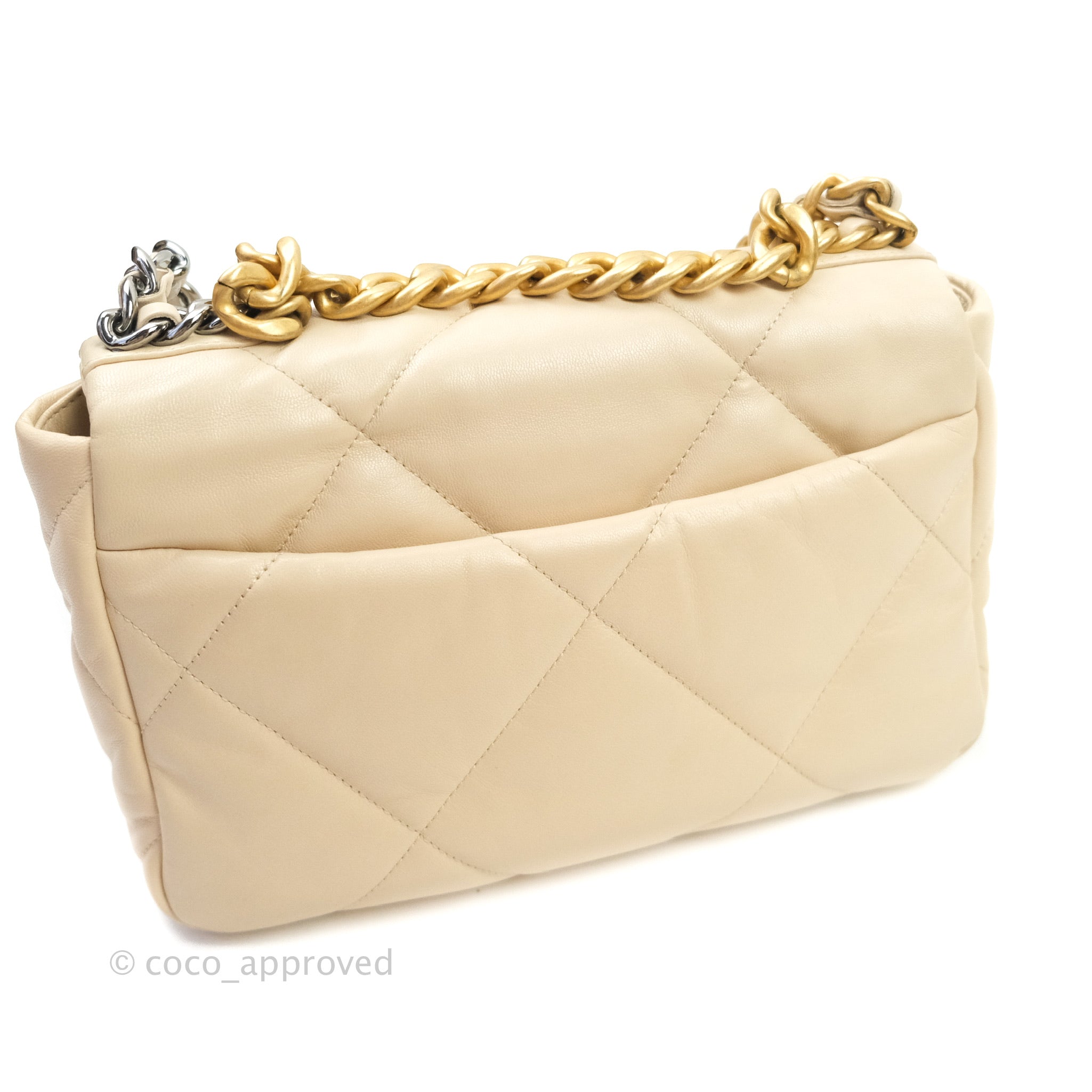 Chanel 19 Small Beige Goatskin Leather Bag with Mixed Gold & Silver Hardware - Luxury Crossbody Purse for Women, Perfect for Date Night & Special Occasions
