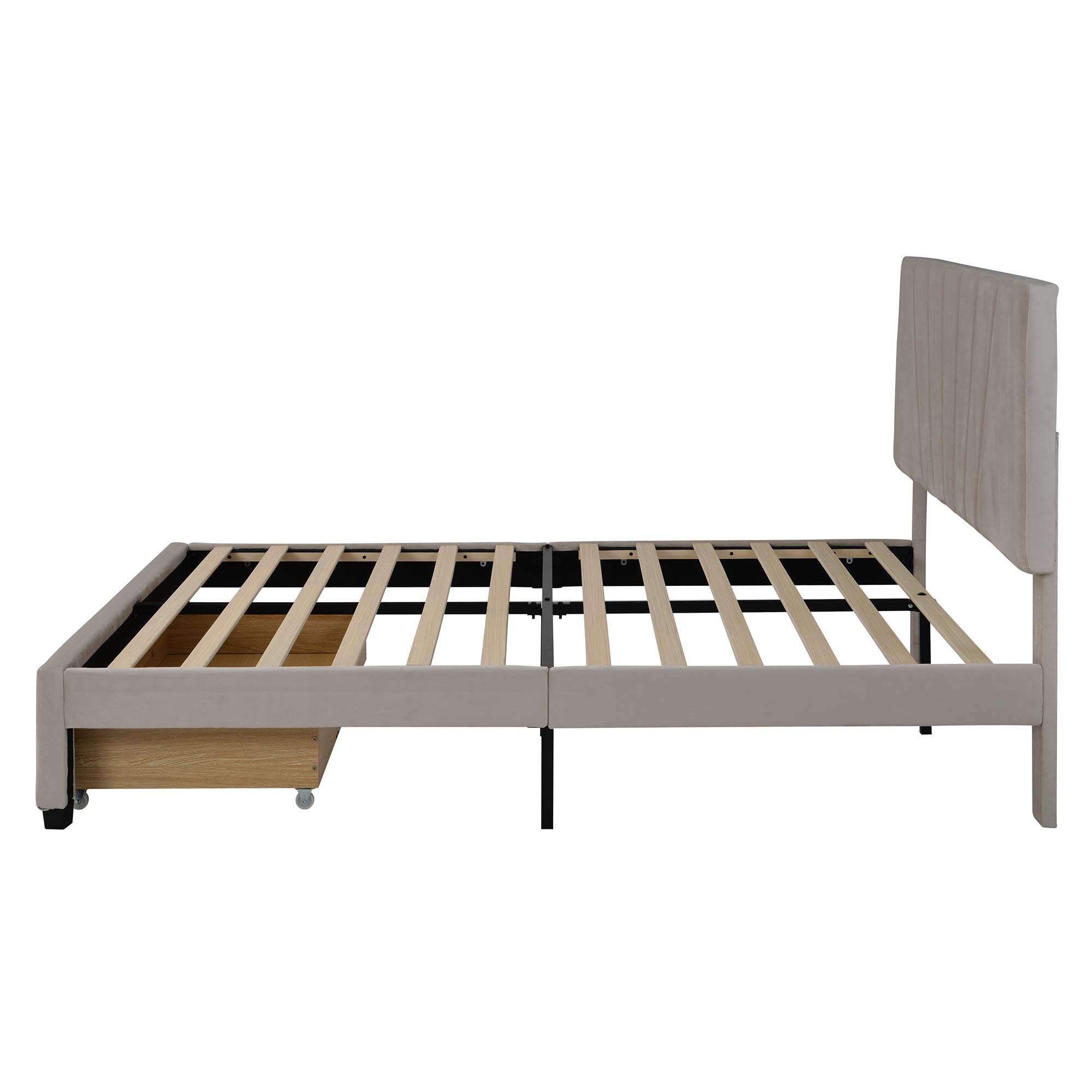 P PURLOVE Queen Size Velvet Upholstered Storage Platform Bed Frame with Large Drawer - Beige Luxury Bedroom Furniture for Modern Home Decor