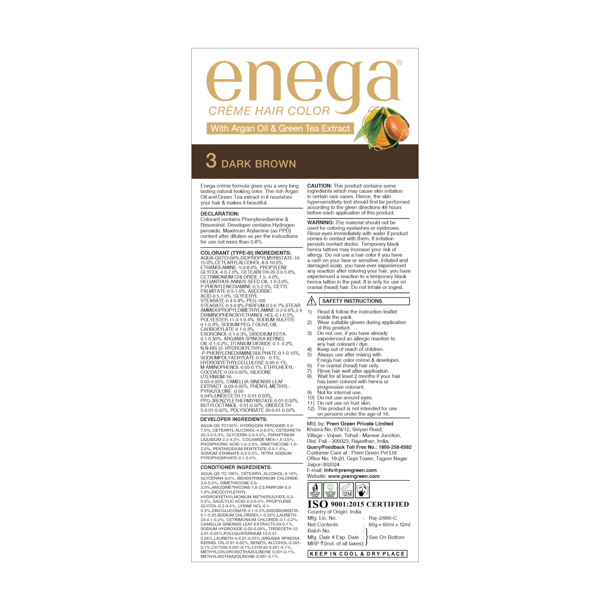 Enega Ammonia-Free Long Lasting Gray Coverage Hair Dye with Argan Oil & Green Tea Extract - Dark Brown Creme Hair Color (150ml, Pack of 3) | For Natural-Looking Roots Touch Up & Full Head Coloring at Home