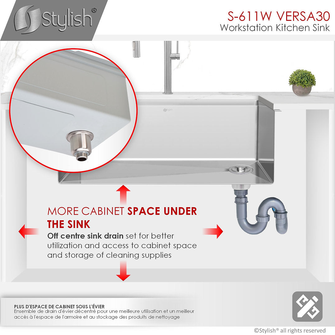 VERSA30 S 611W 30-Inch Undermount Stainless Steel Kitchen Sink - Single Bowl Workstation with Drainboard & Accessories - Perfect for Modern Kitchens, Restaurants & Food Prep Areas