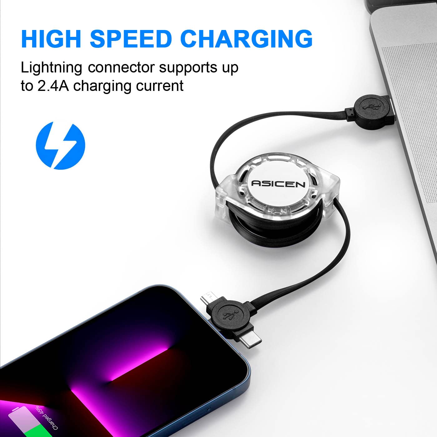 3.3ft 2-Pack Retractable Fast Charging Cable - 3-in-1 USB C/Micro USB/Lightning Charger Cord for iPhone 15/14/13, iPad, Samsung Galaxy, PS5, Tablets & More | Portable Travel & Home Office Charging Solution