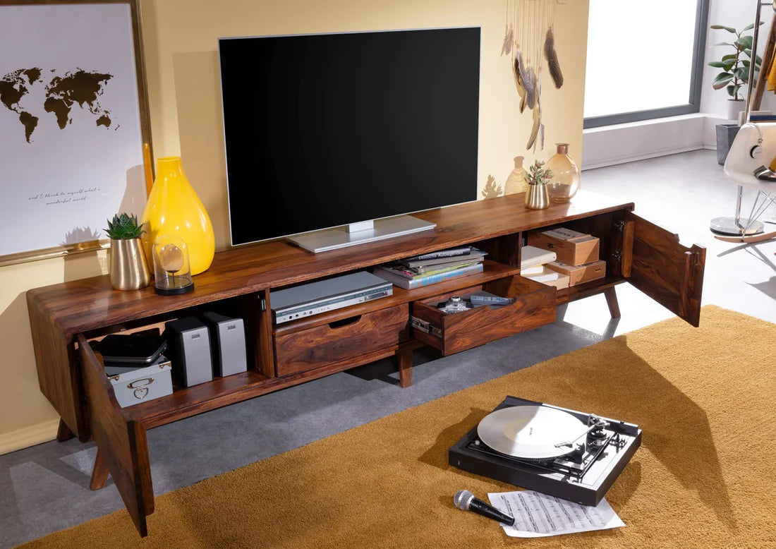 Gfine Solid Sheesham Wood TV Stand with 2 Doors & 2 Drawers - 175x40x50Cm Modern Entertainment Center for Living Room, Bedroom & Home Theater