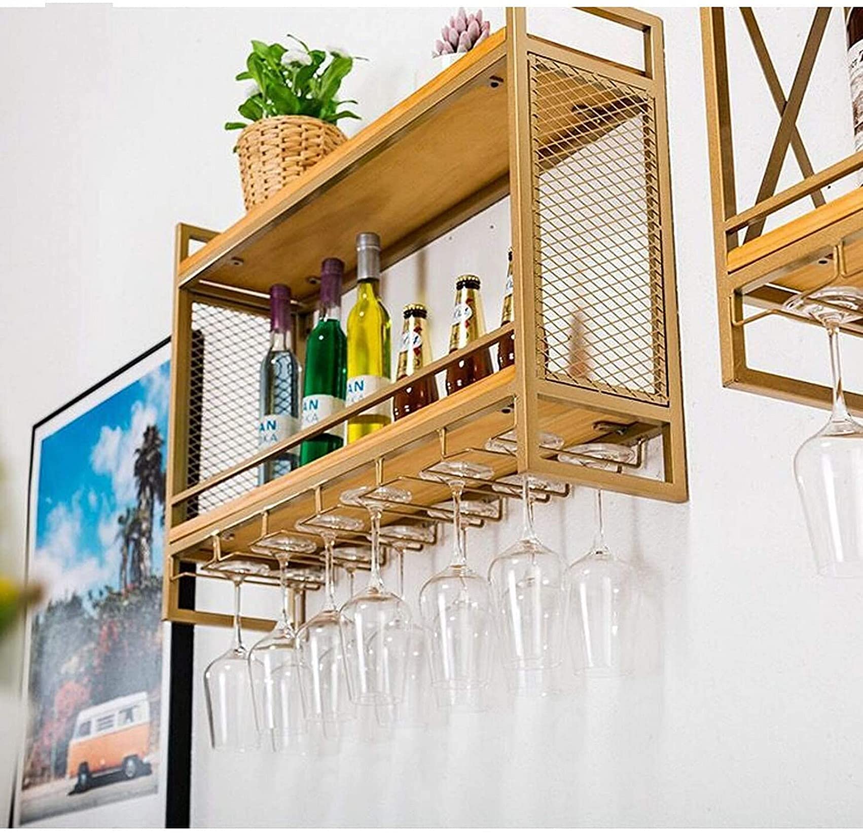 Rustic Wall Mounted Wine Rack with 6 Stem Glass Holder - 2-Tier Wood Floating Shelf for Kitchen, Living Room & Home Decor | Perfect for Wine Storage & Display in Dining Areas