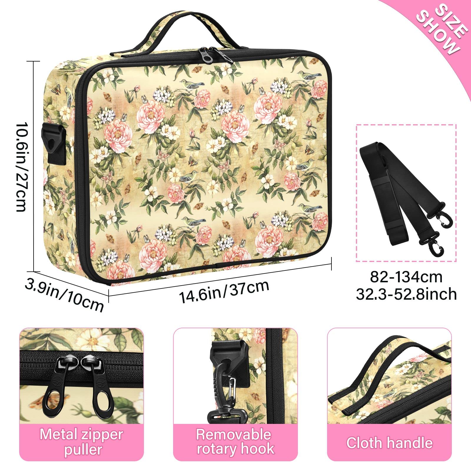 Vintage Bird Flowers Makeup Bag for Women - Travel Cosmetic Organizer for Artists & Professionals