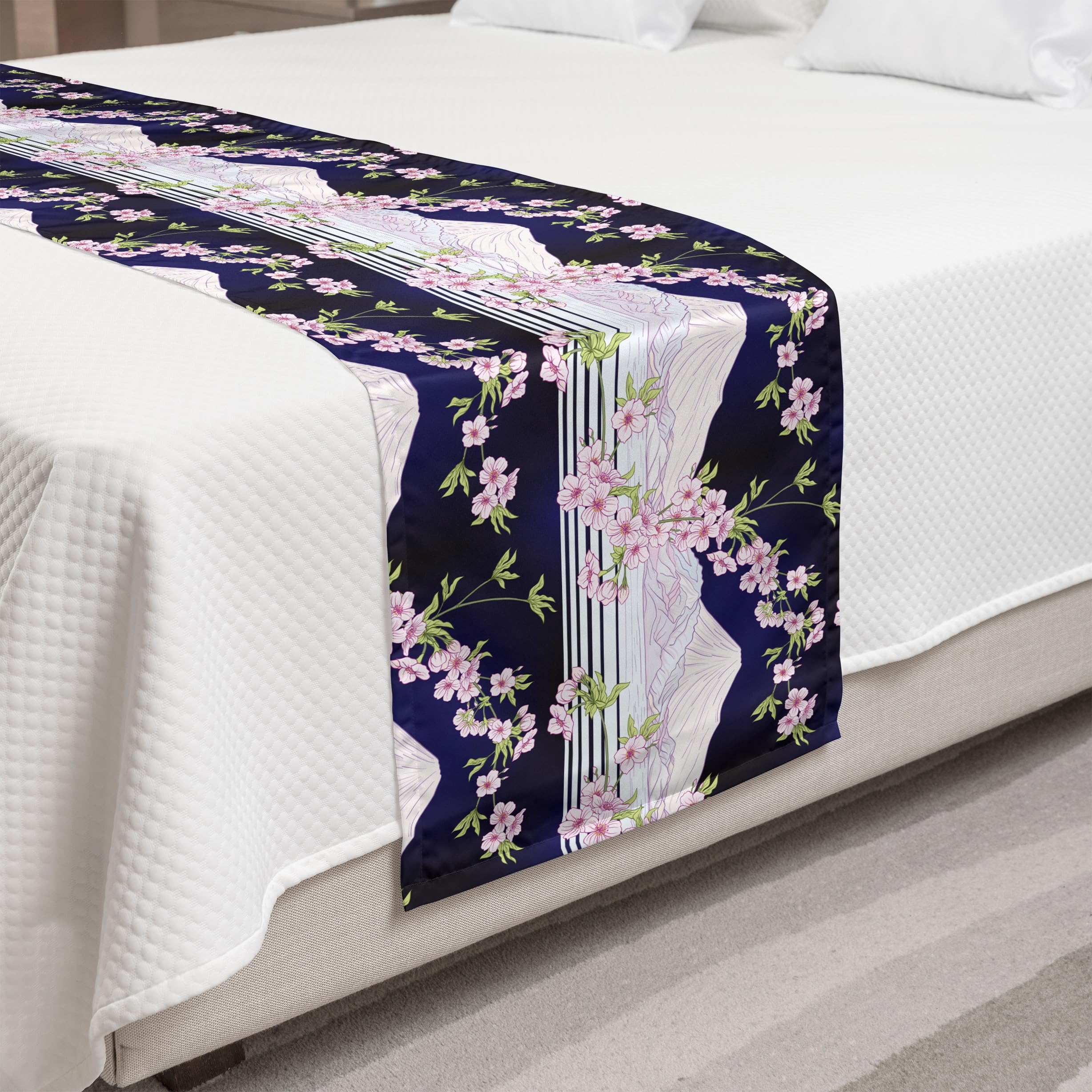 Ambesonne Floral Bed Runner - Japanese Cherry Blossom Sakura & Mountain Design, Decorative Bed Scarf for King Size Beds, Indigo & Pale Pink - Perfect for Hotels, Homes & Guest Rooms, Elegant Bedroom Decor & Wedding Accent