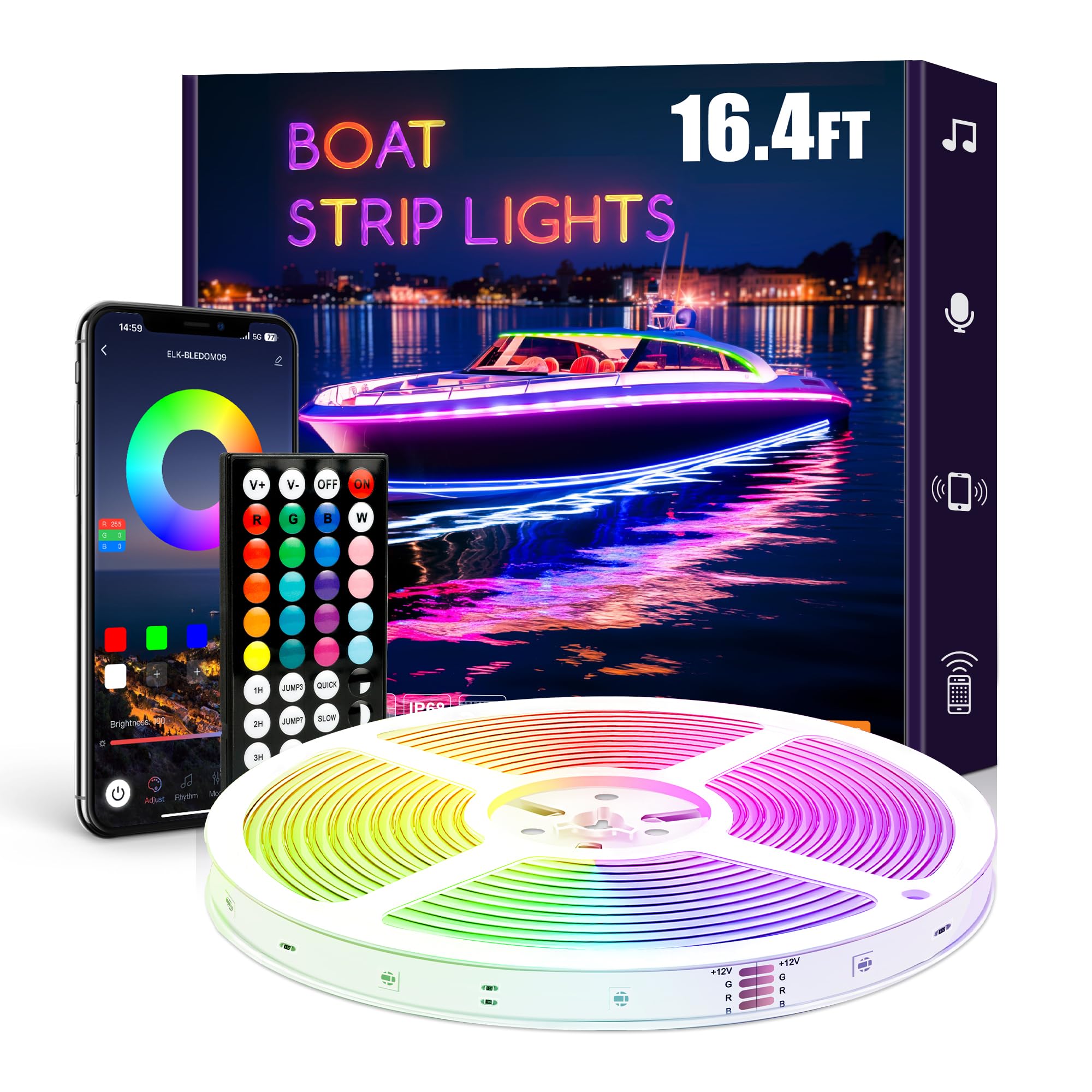 Smart LED Boat Strip Lights 16.4ft RGB IP68 Waterproof - for Marine Interior & Night Fishing