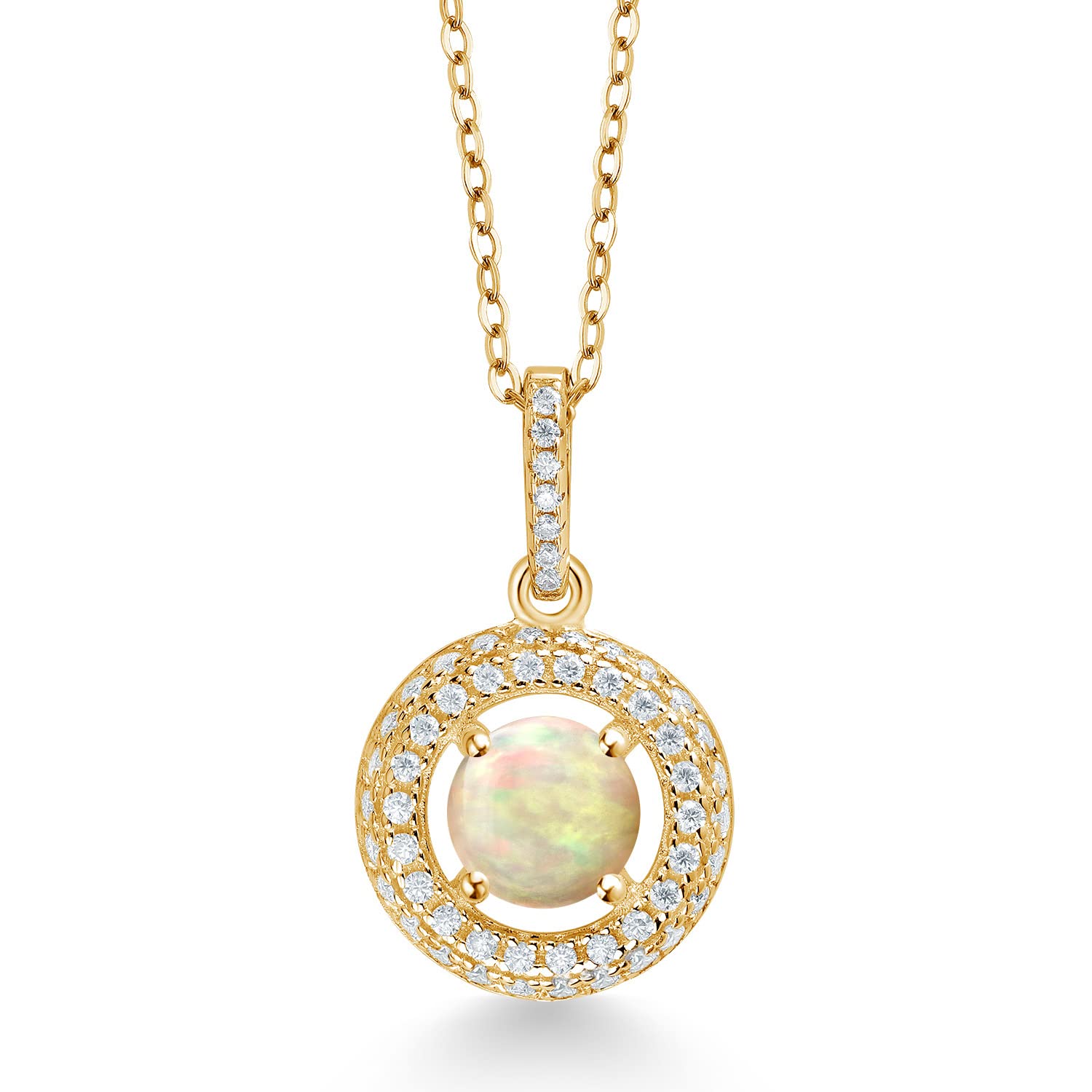 18K Yellow Gold Plated Silver 6MM Round Birthstone & White Moissanite Pendant Necklace for Women | Halo Design with 18 Inch Chain | Perfect for Birthdays, Anniversaries & Special Occasions