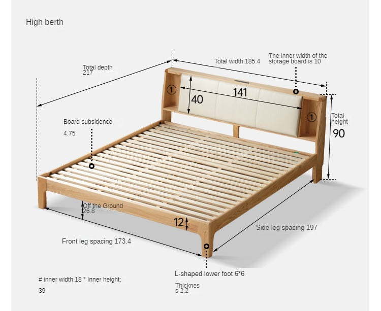 Solid Oak Wood Leather & Fabric Luminous Bed with Shelf - Modern Platform Bed Frame with Storage for Bedroom, Guest Room, or Dorm